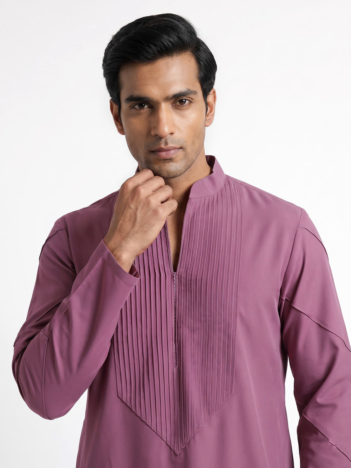 Lavender purple Poly-Viscose mens kurta suit with chevron pintucks