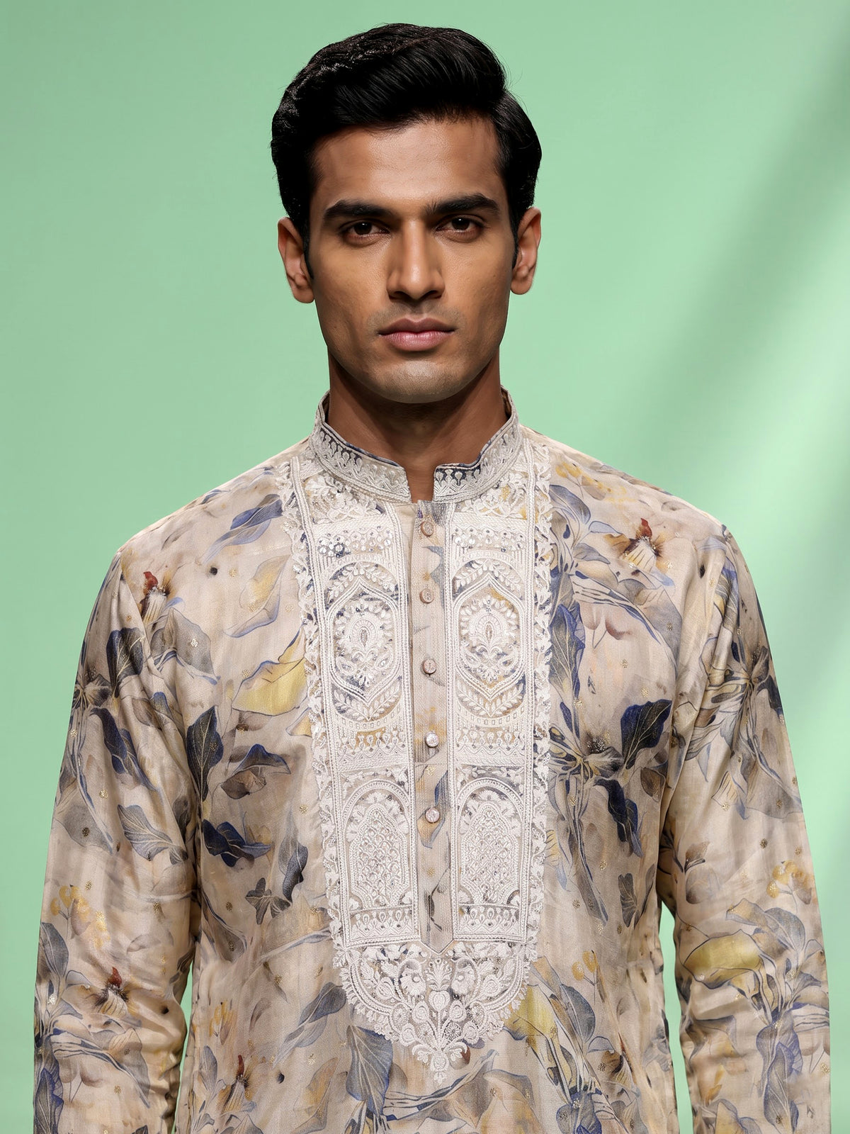 Beige cotton silk mens kurta suit with floral print and embroidered yoke