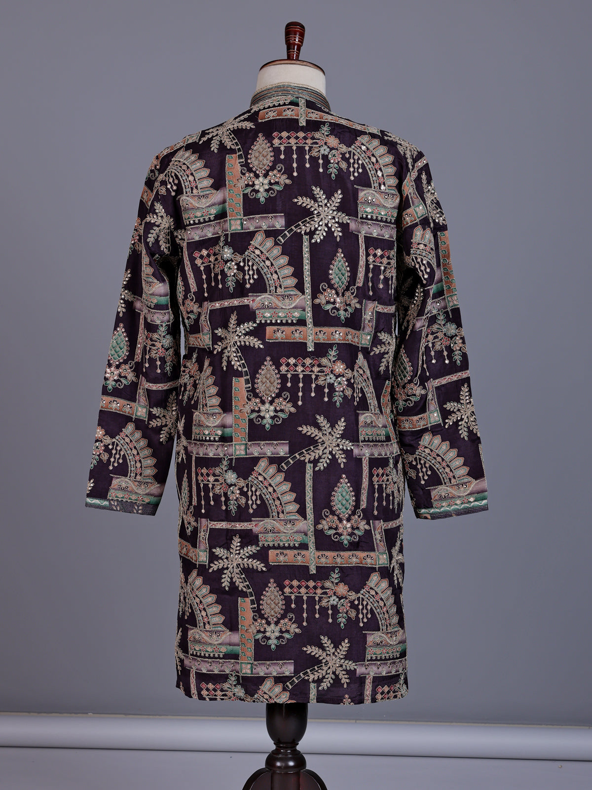 Wine cotton silk mens kurta suit with embroidered cuffs and detailing