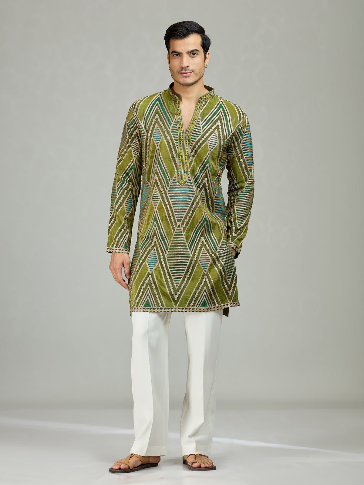 Mehendi green geometric mens kurta suit