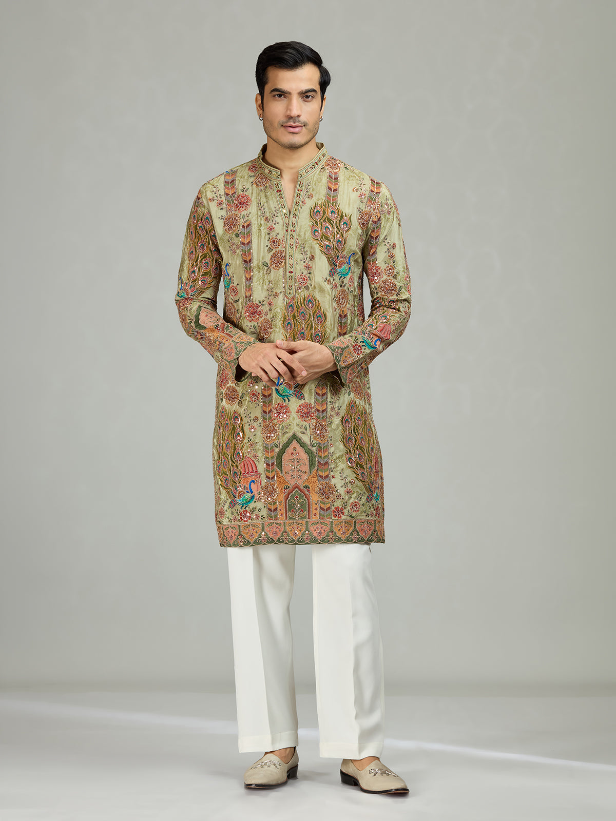 Pista green peacock print mens kurta suit