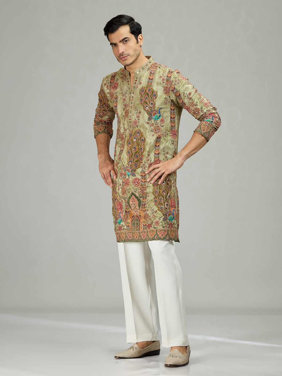 Pista green peacock print mens kurta suit