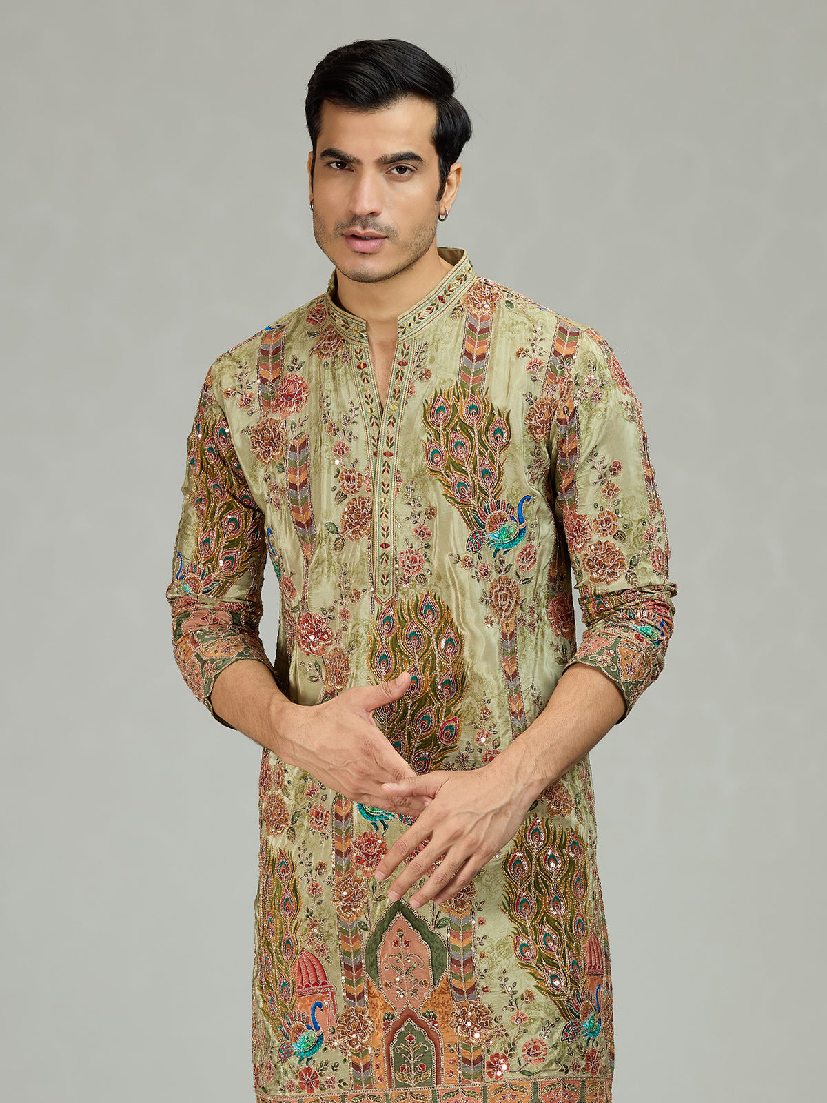 Pista green peacock print mens kurta suit