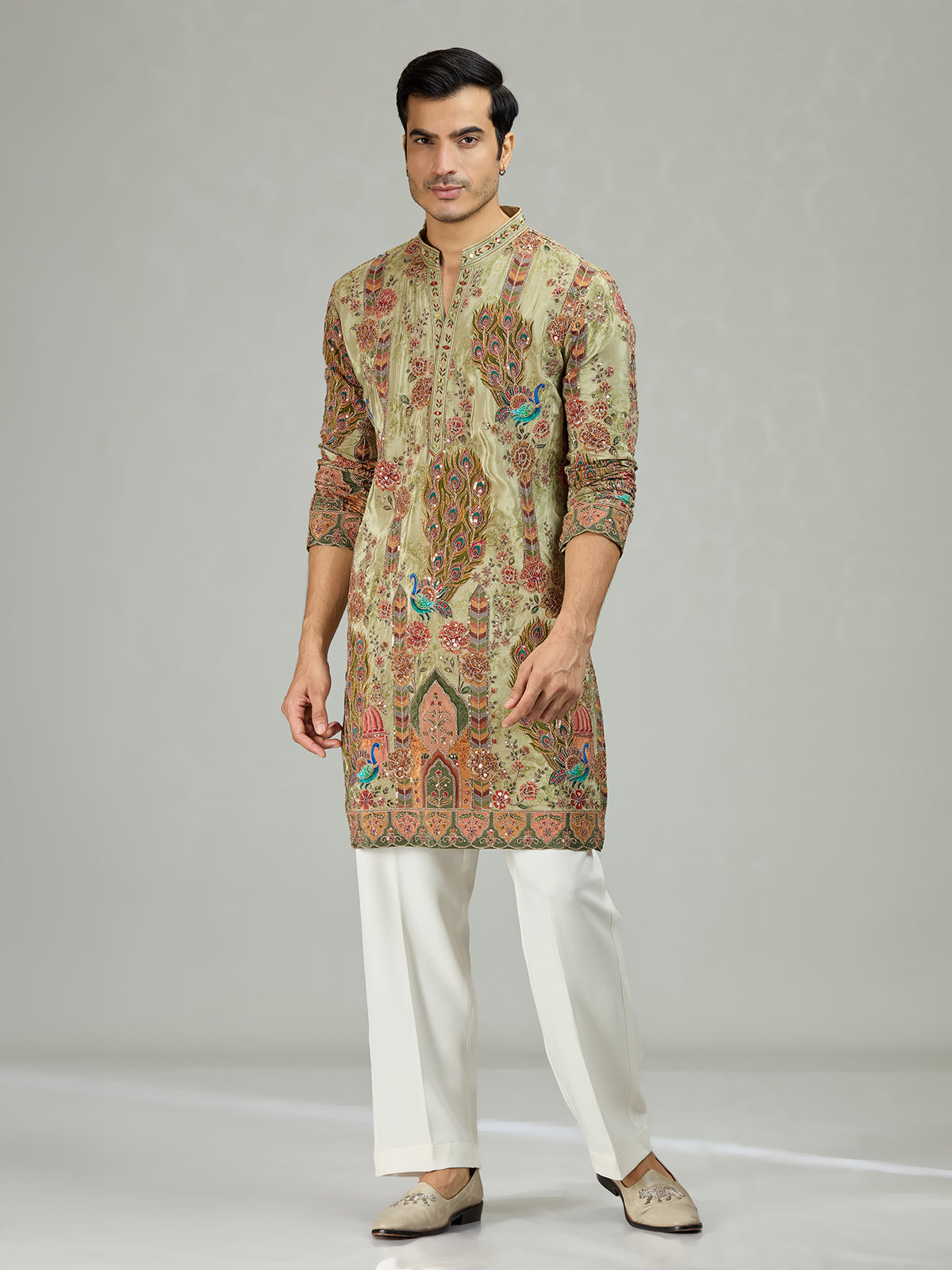 Pista green peacock print mens kurta suit