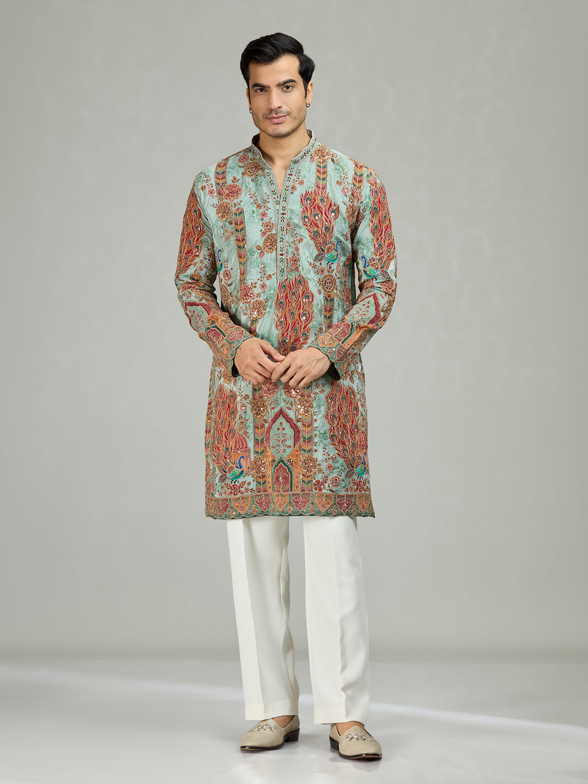Aqua blue peacock print mens kurta suit