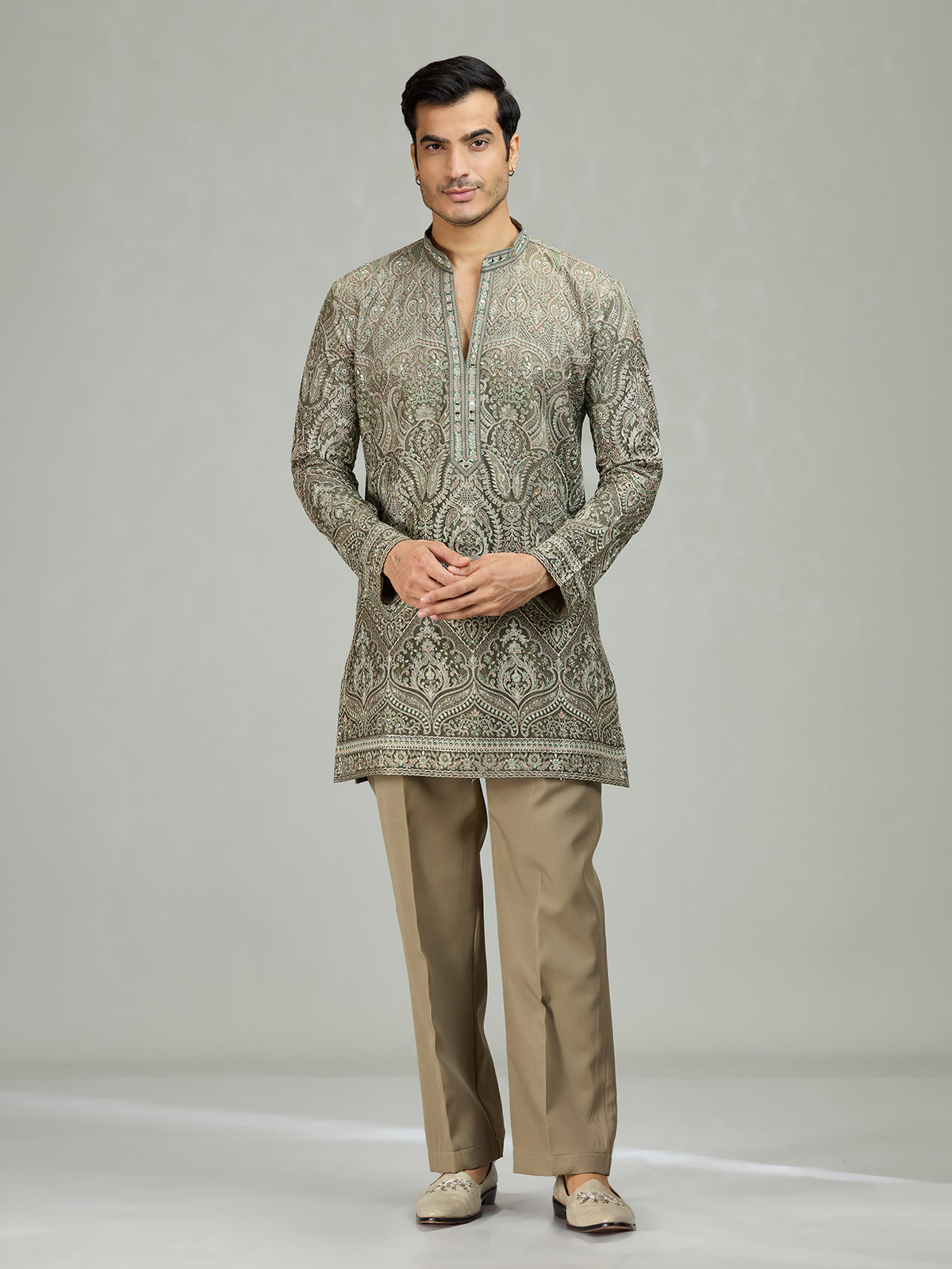 Dusty sage graceful embroidered mens kurta suit
