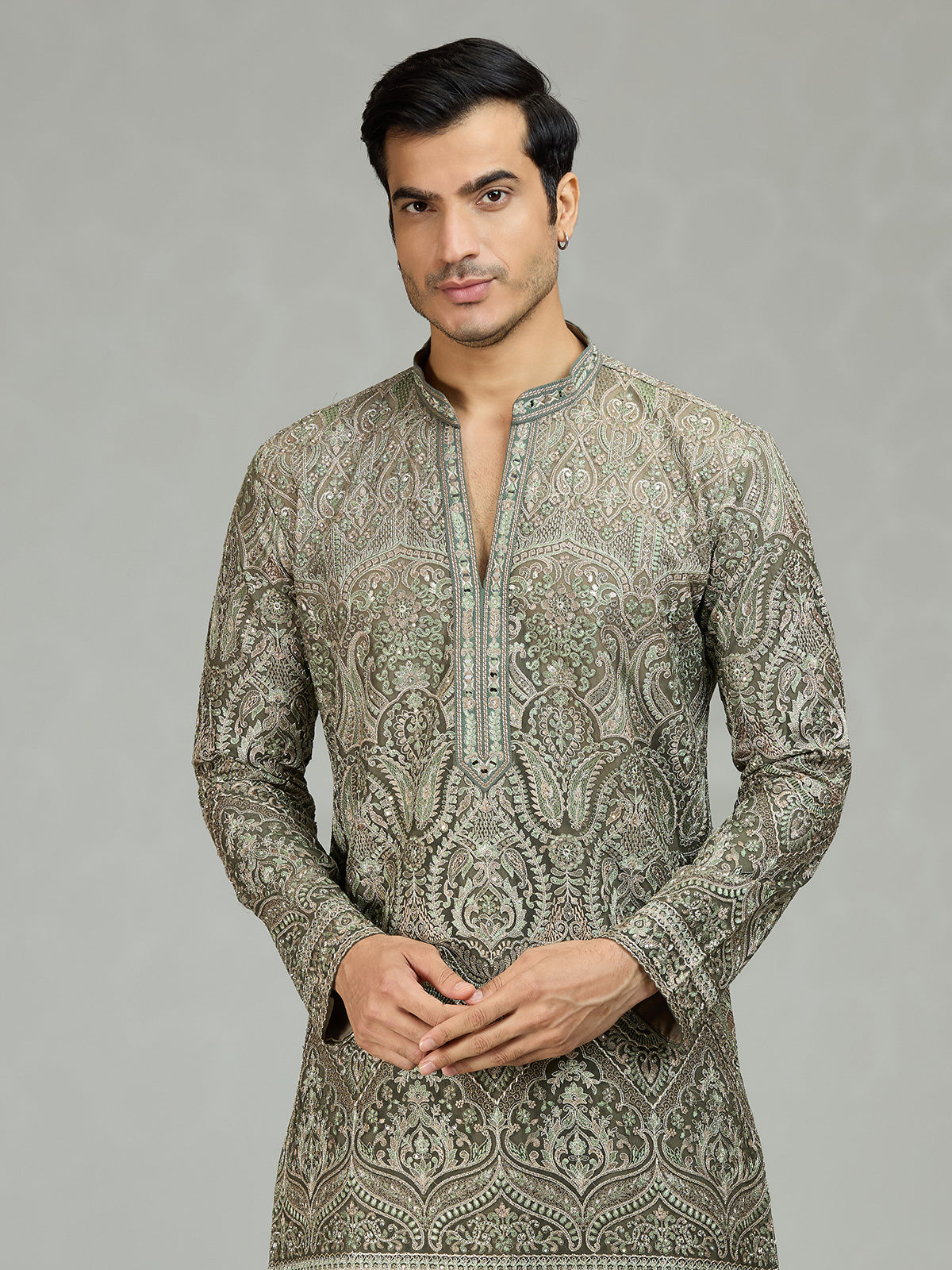 Dusty sage graceful embroidered mens kurta suit