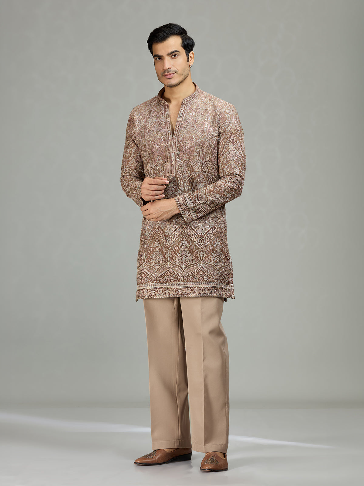 Dusty rose stylish embroidered mens kurta suit