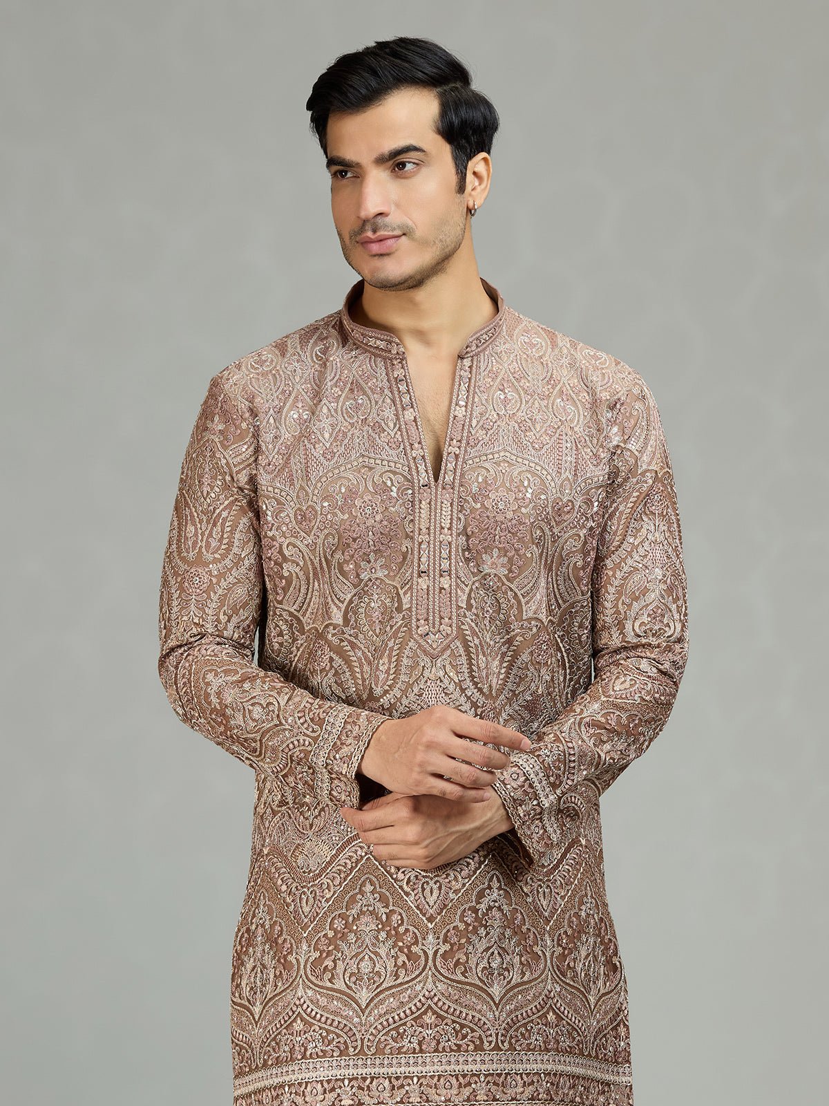 Dusty rose stylish embroidered mens kurta suit