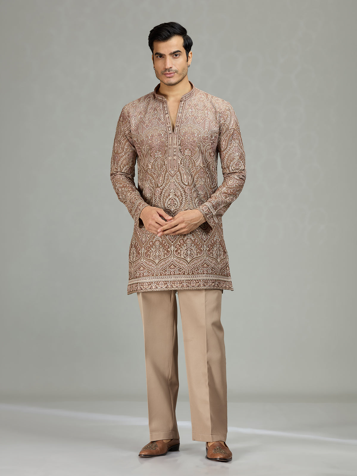 Dusty rose stylish embroidered mens kurta suit