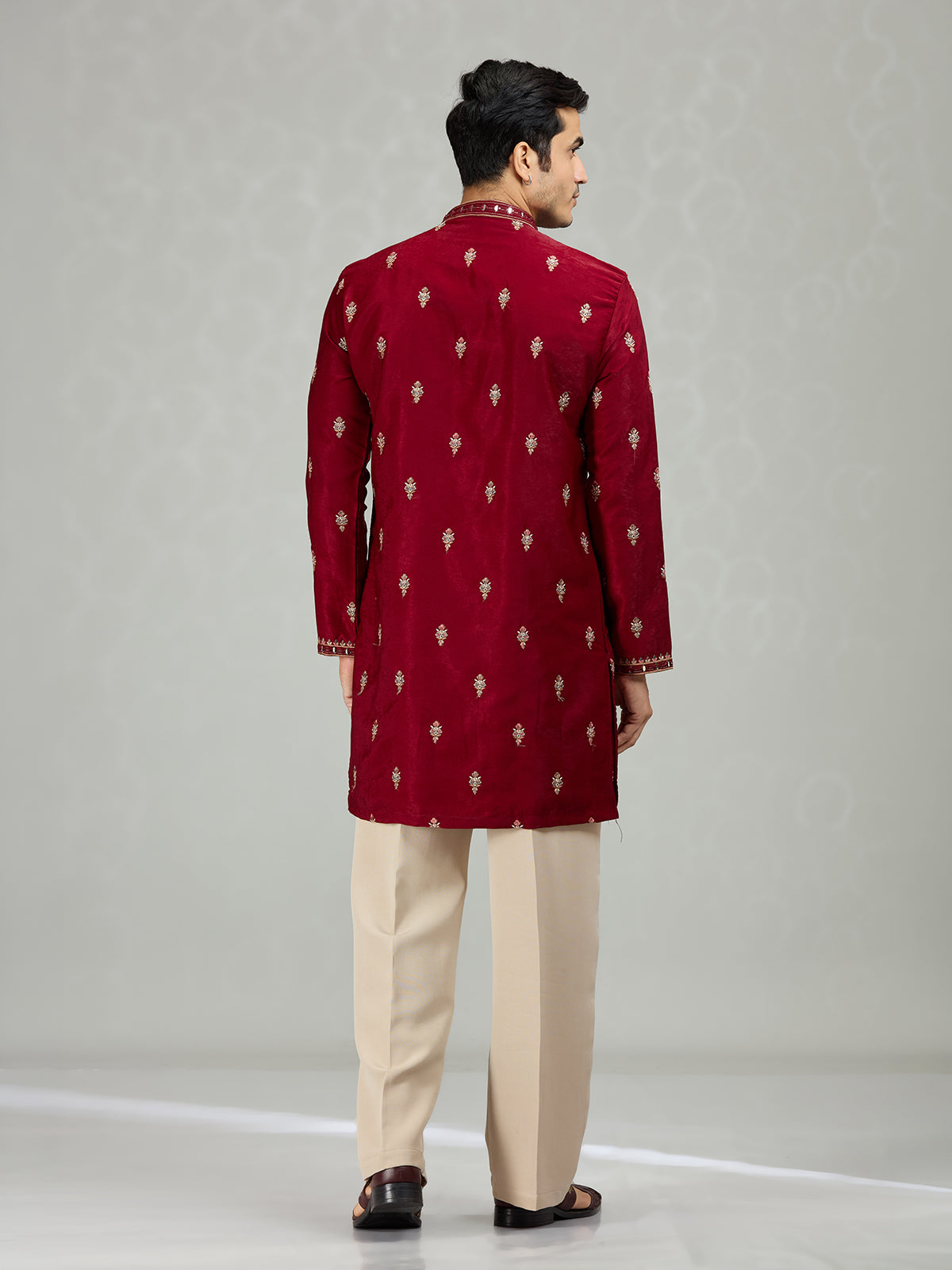 Maroon floral panel mens kurta suit