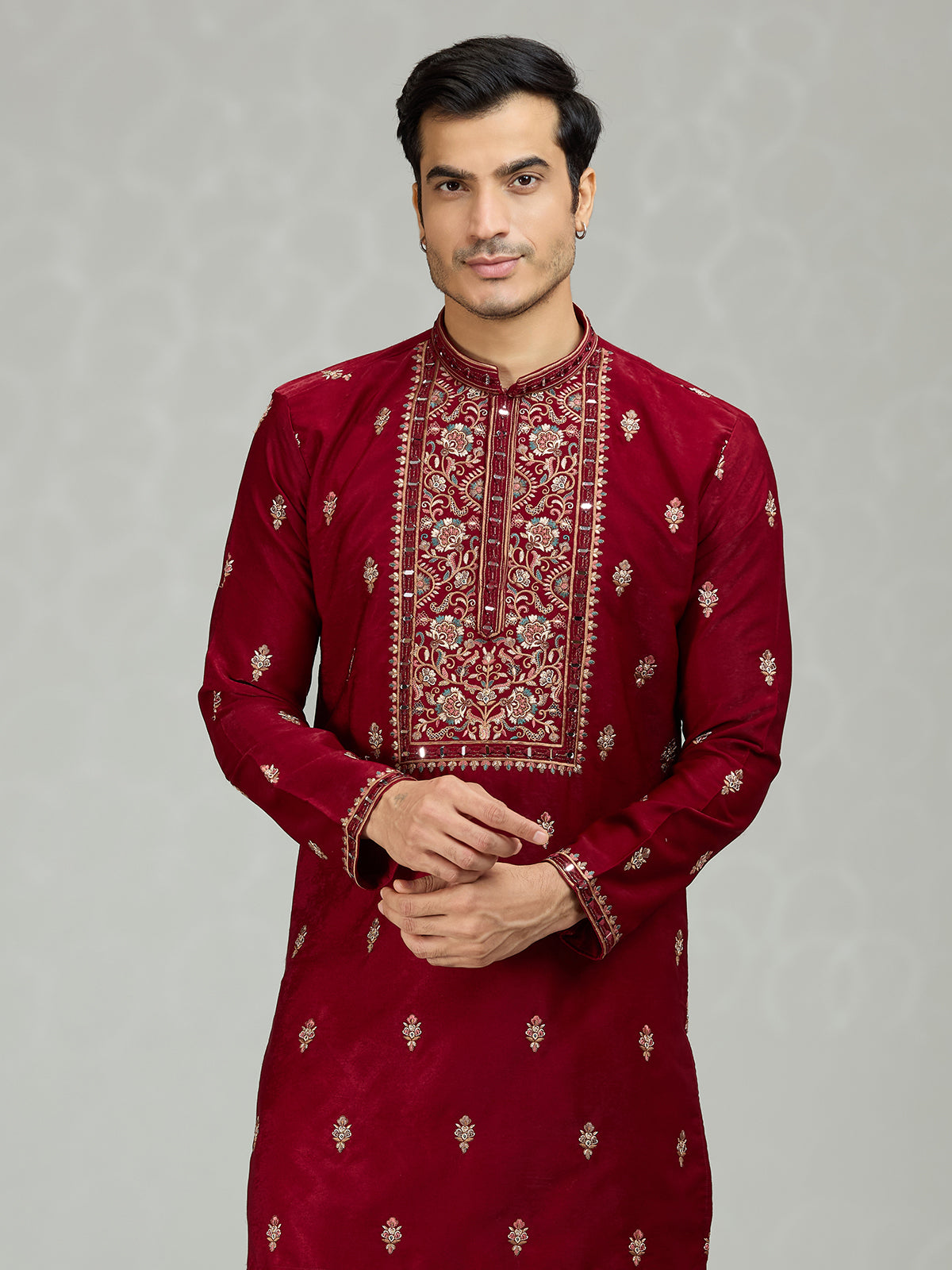Maroon floral panel mens kurta suit