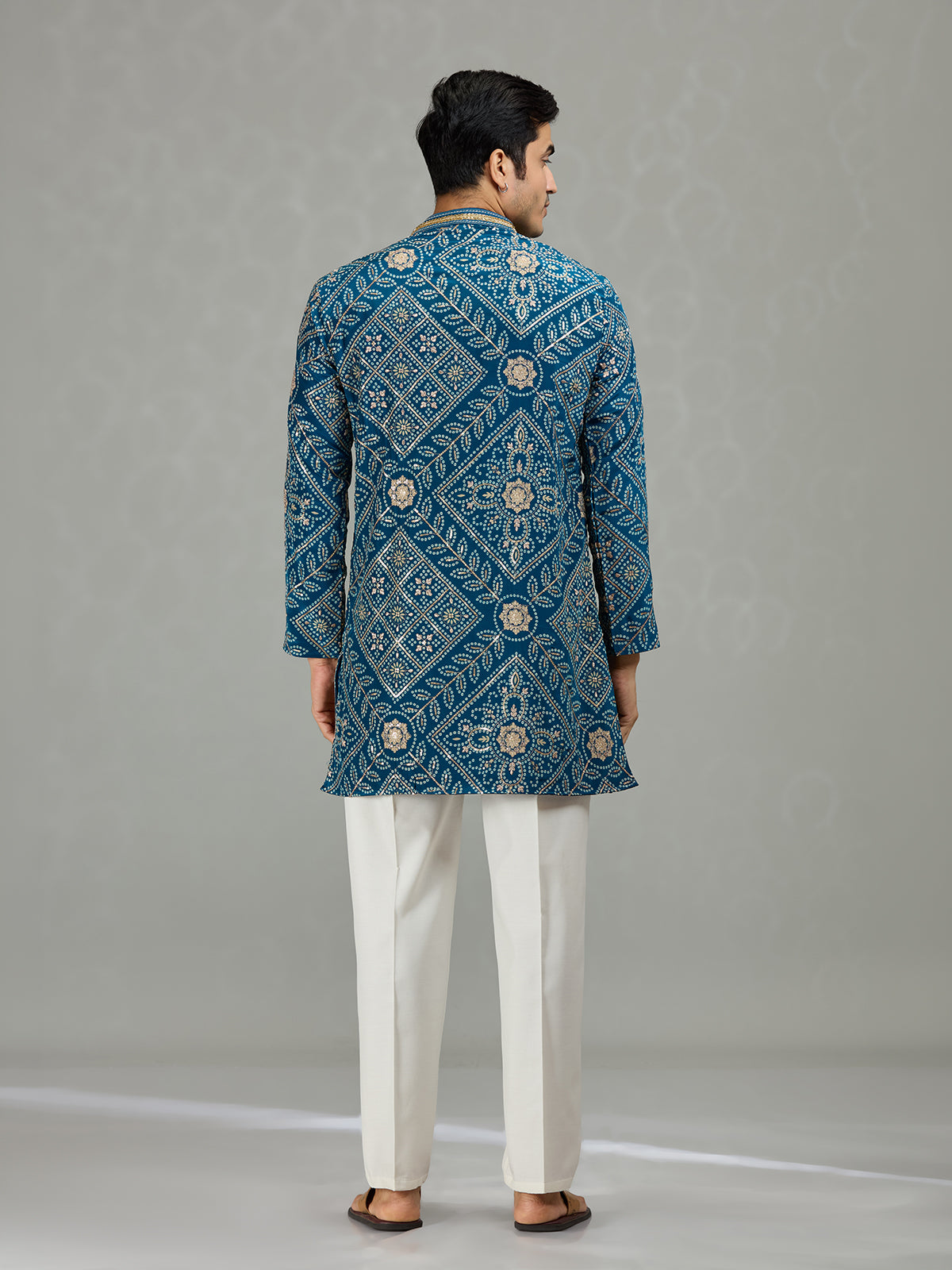 Teal blue heritage bandhej mens kurta suit