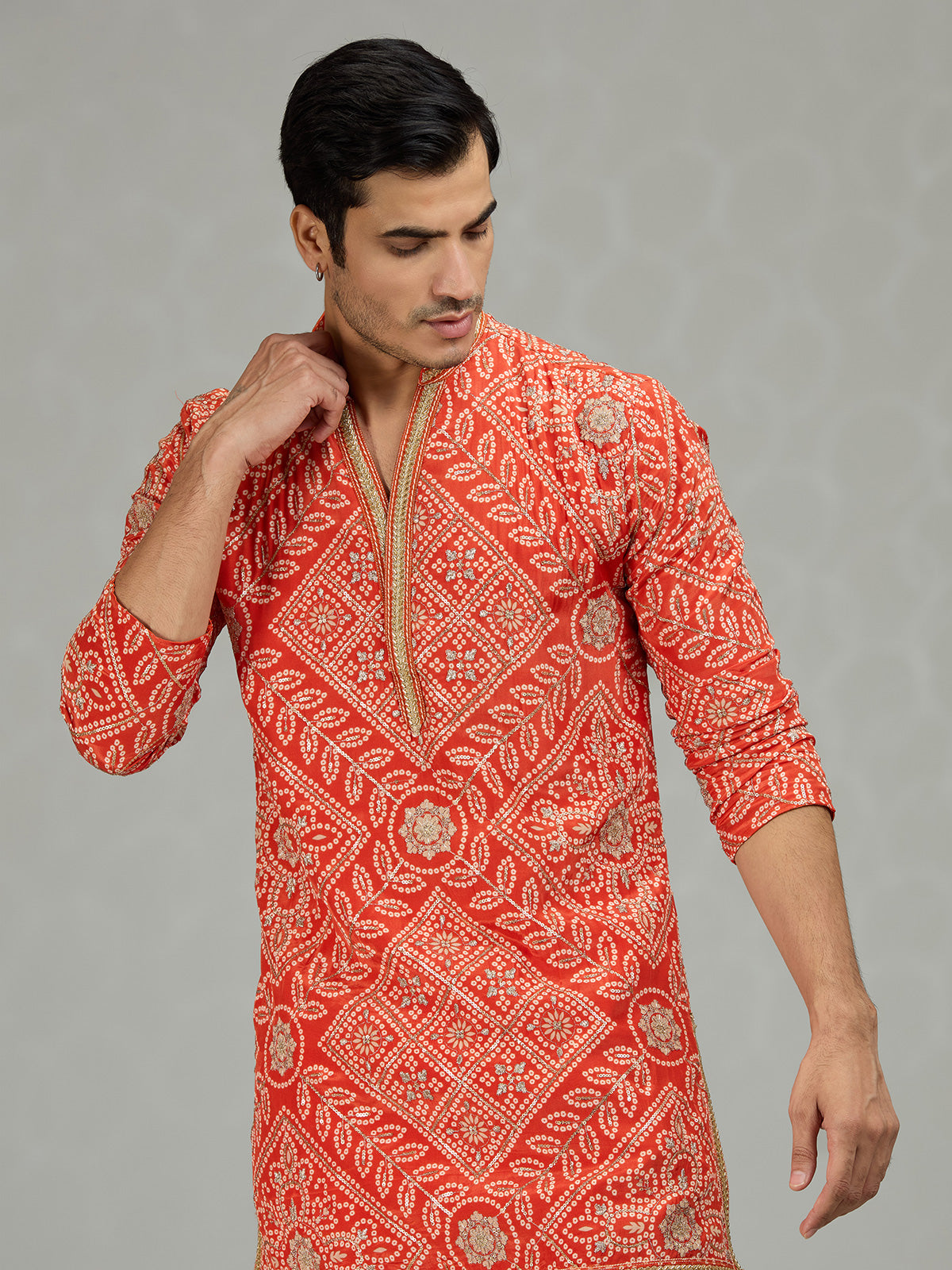 Orange festive bandhej mens kurta suit
