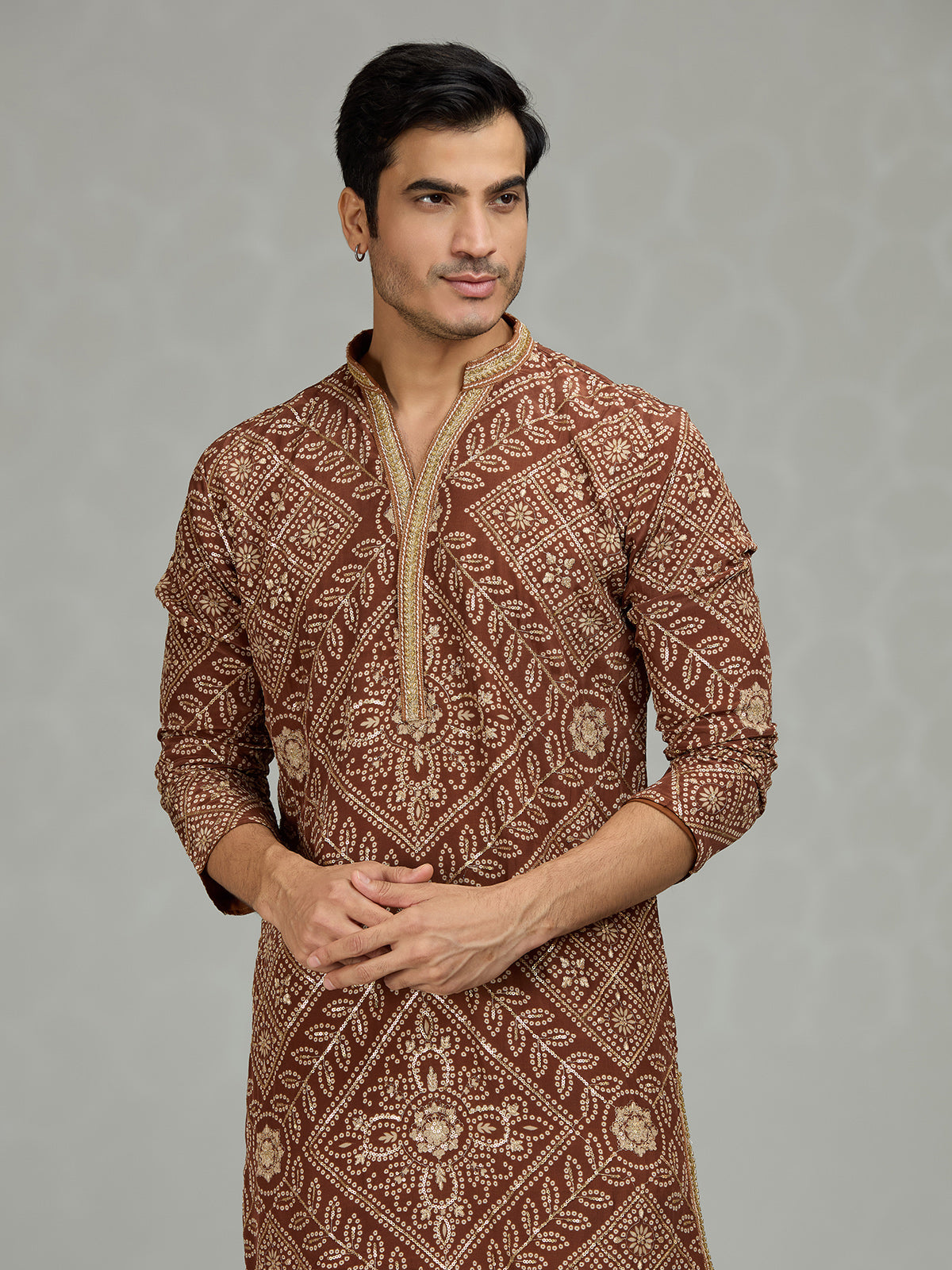 Brown traditional bandhej mens kurta suit
