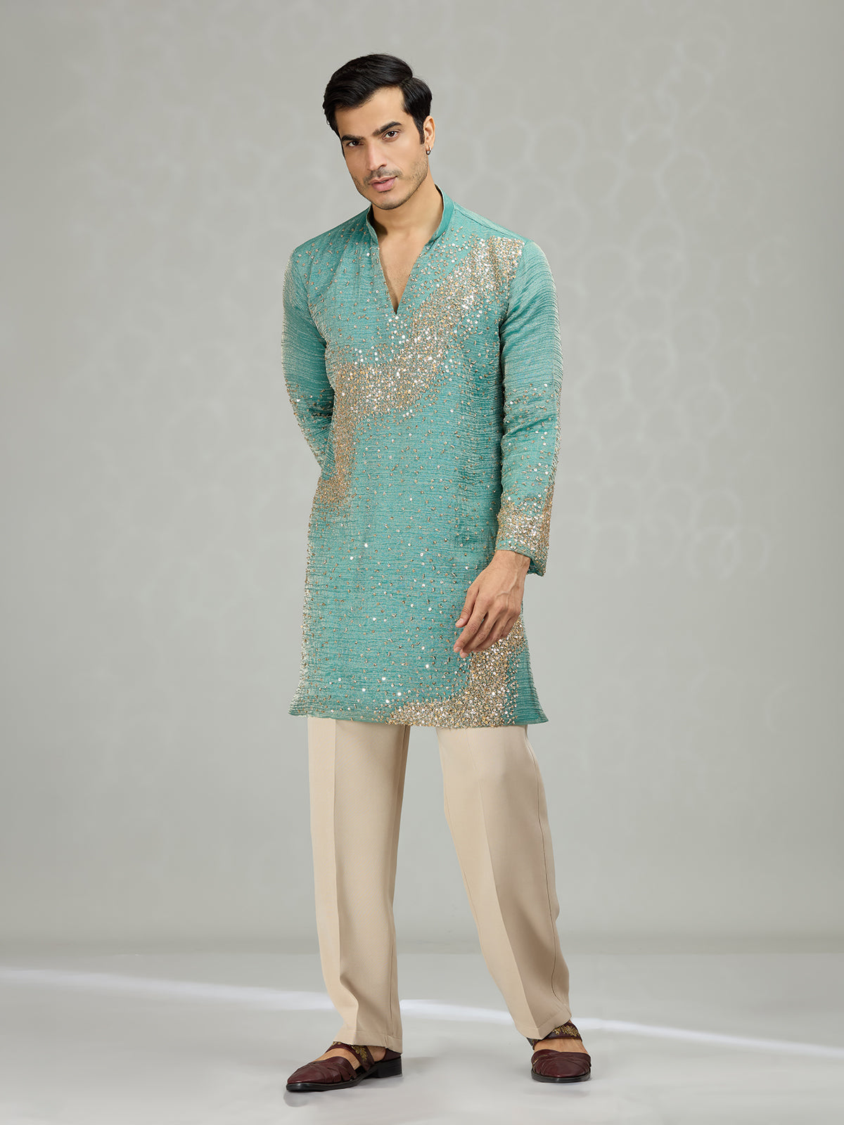 English blue flowing wave artistry men kurta suit