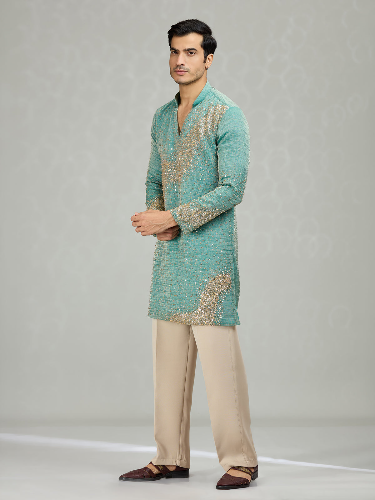 English blue flowing wave artistry men kurta suit