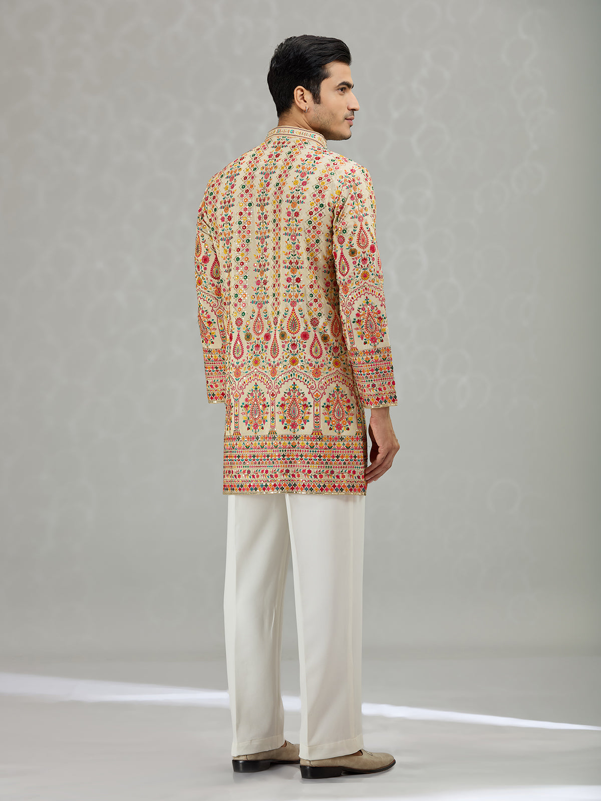 Warm beige colorful floral mens kurta suit