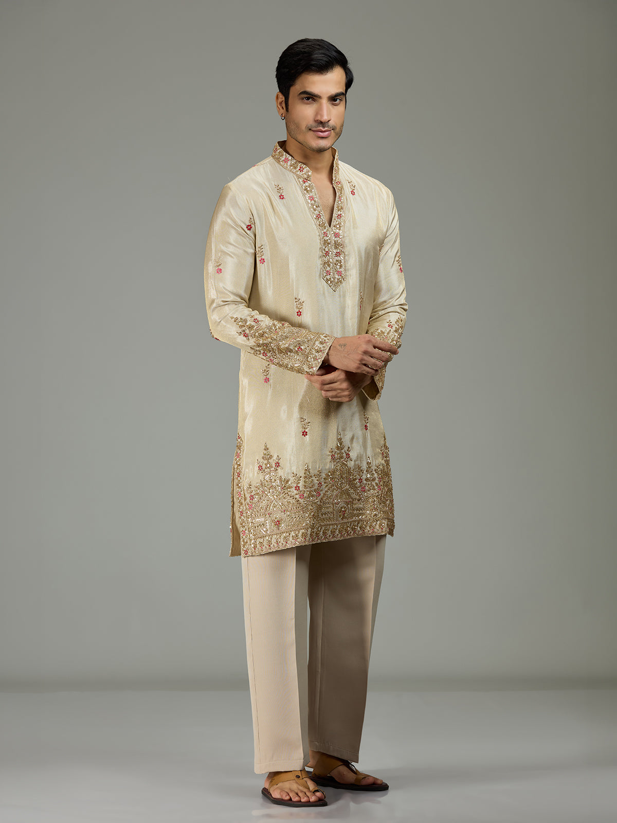 Cream floral tissue silk mens kurta suit