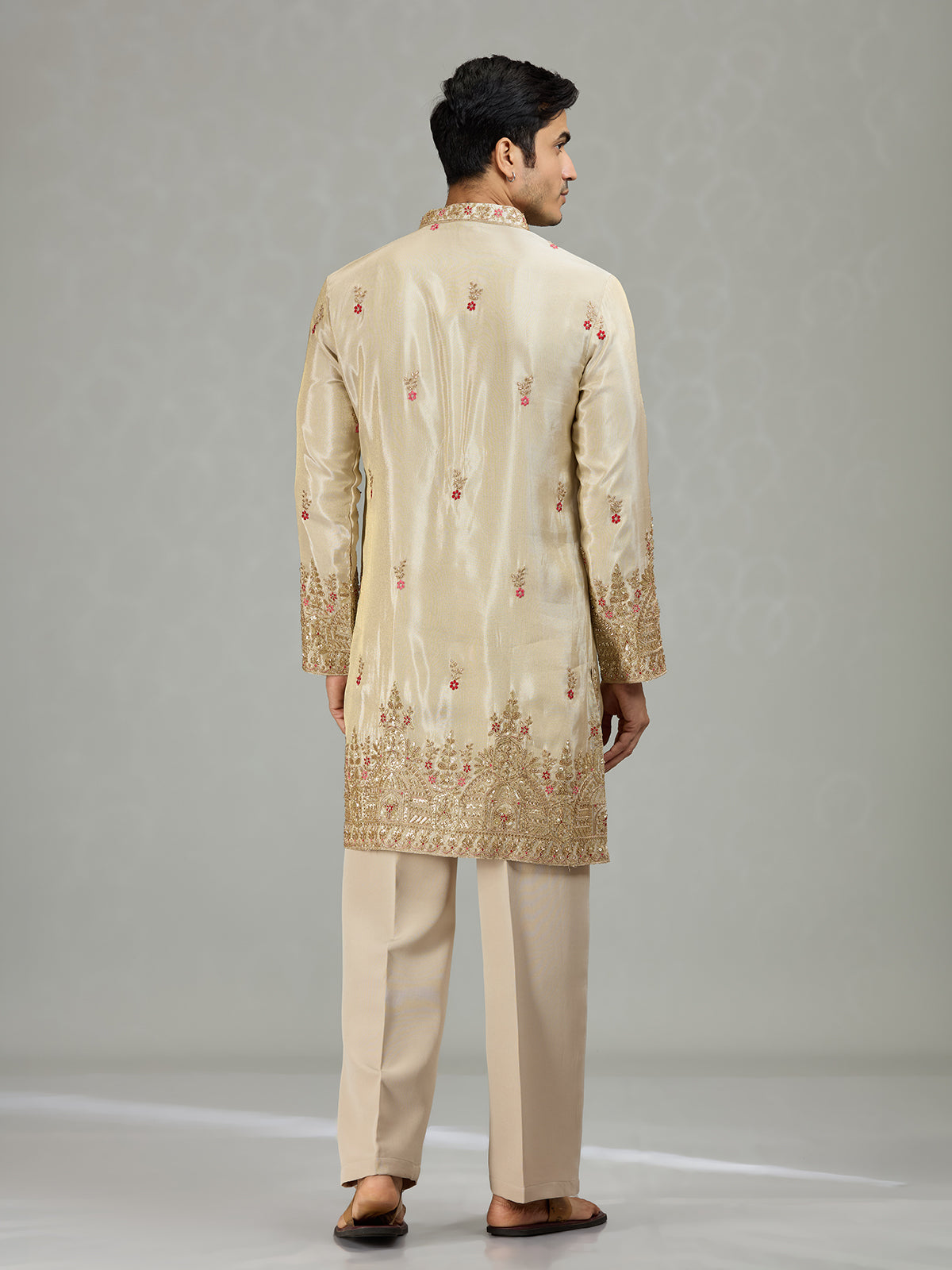Cream floral tissue silk mens kurta suit