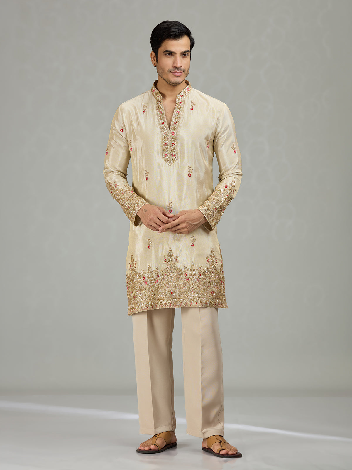 Cream floral tissue silk mens kurta suit