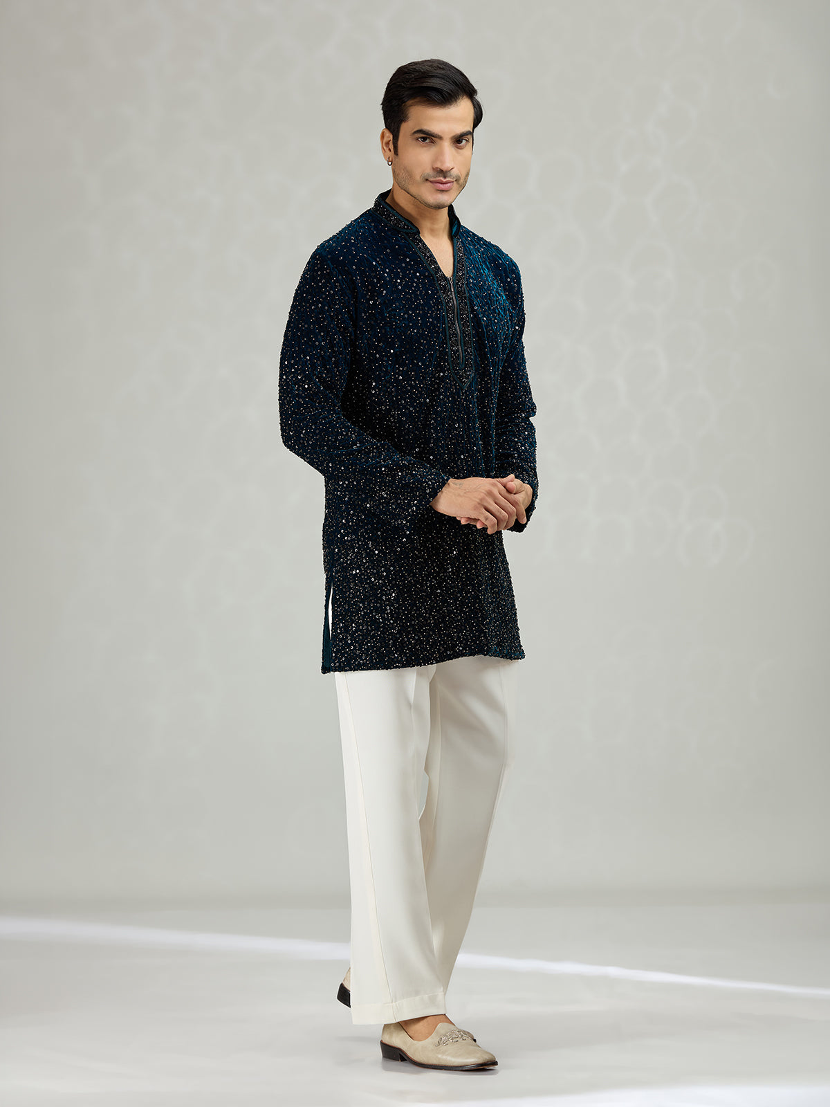 Teal dark blue sleek mens kurta suit