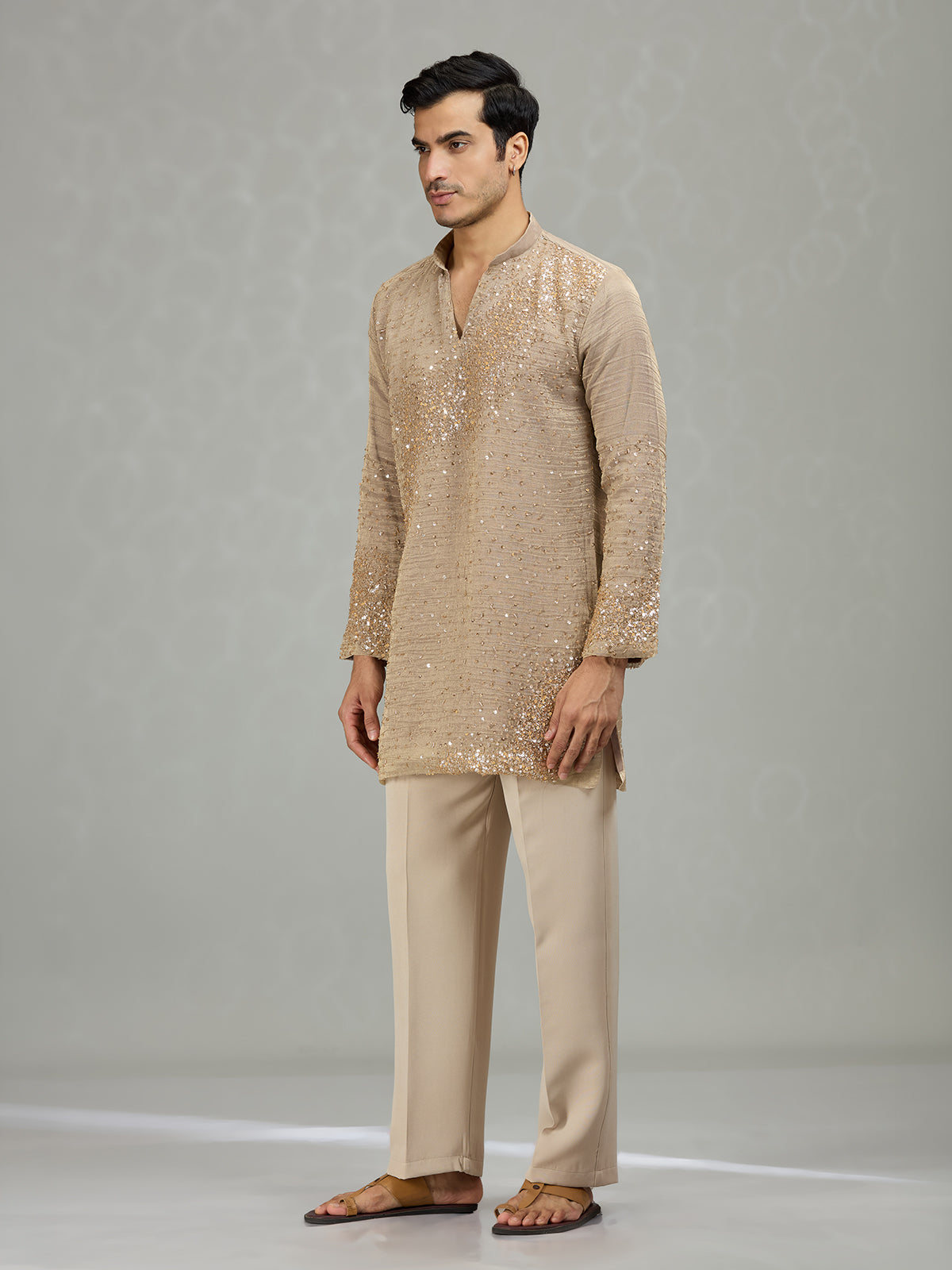 Warm brown sculpted wave patterns men kurta suit