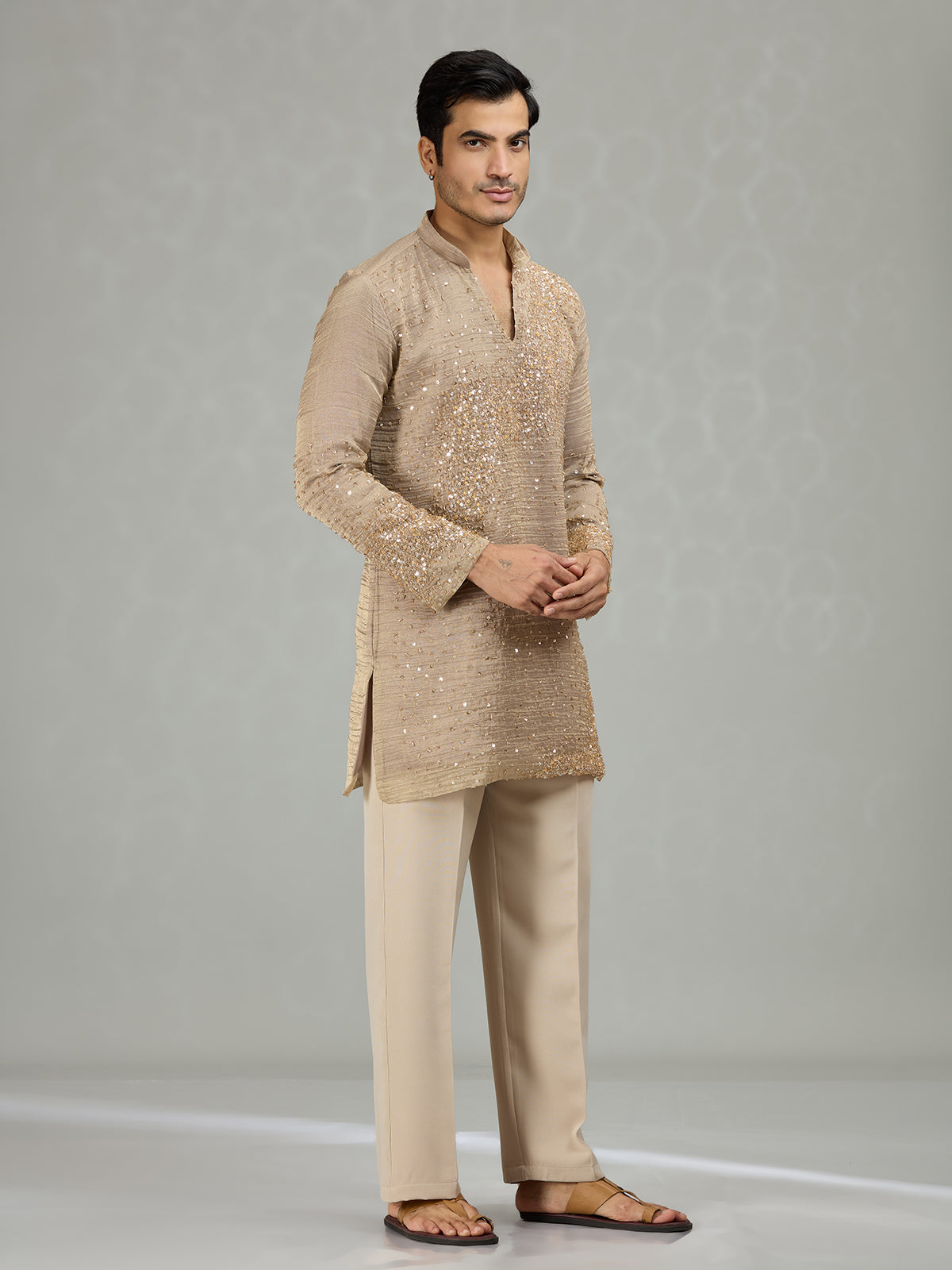 Warm brown sculpted wave patterns men kurta suit