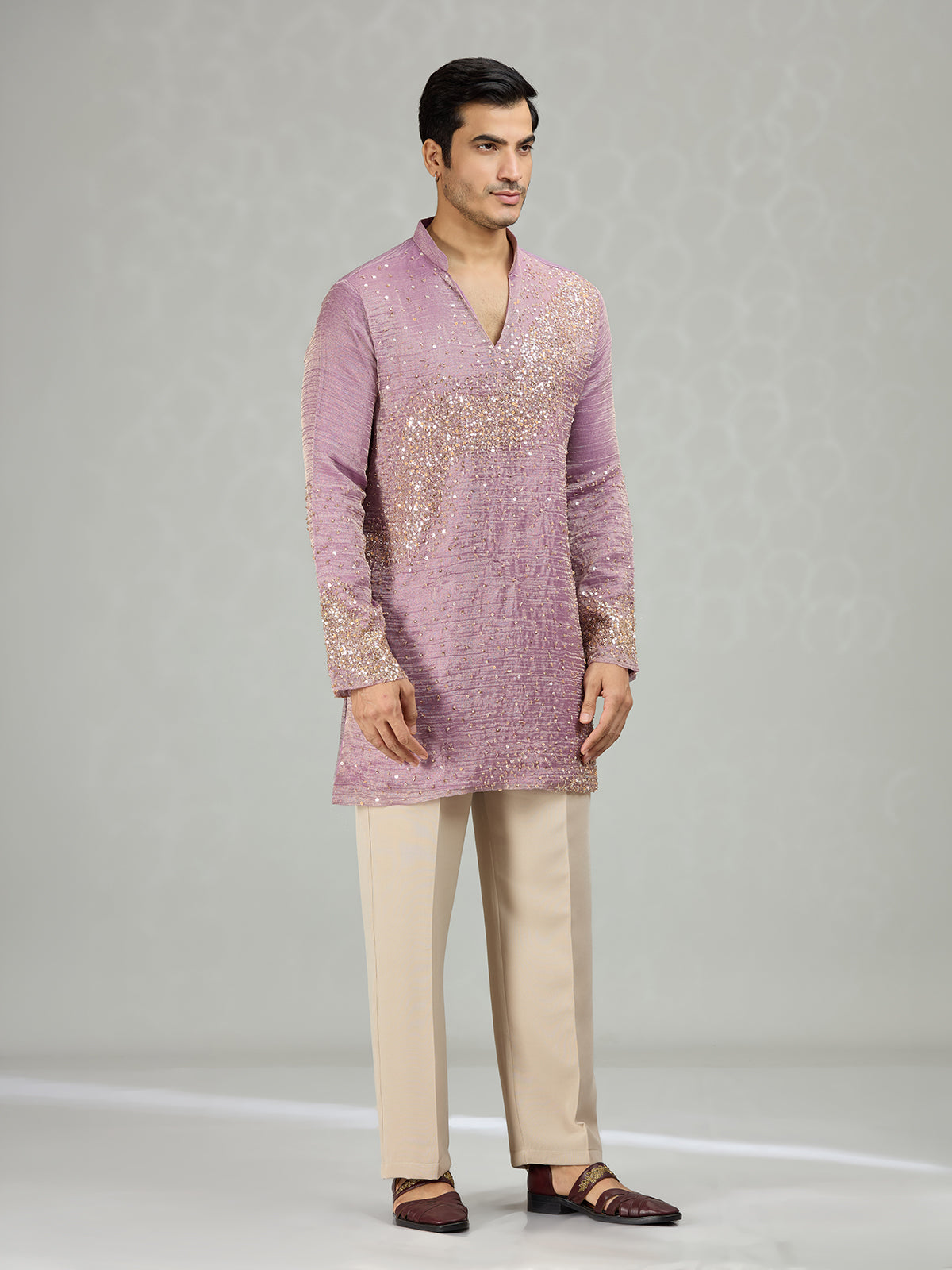Lilac purple graceful wave motifs men kurta suit