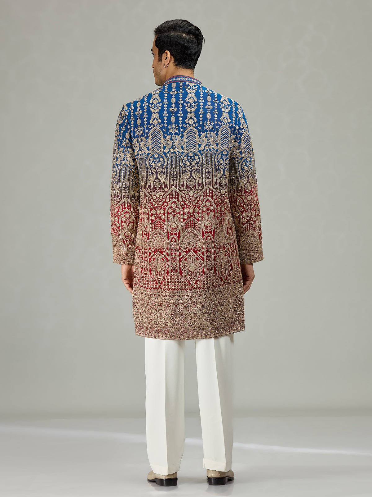 Blue red shaded architectural mens kurta suit