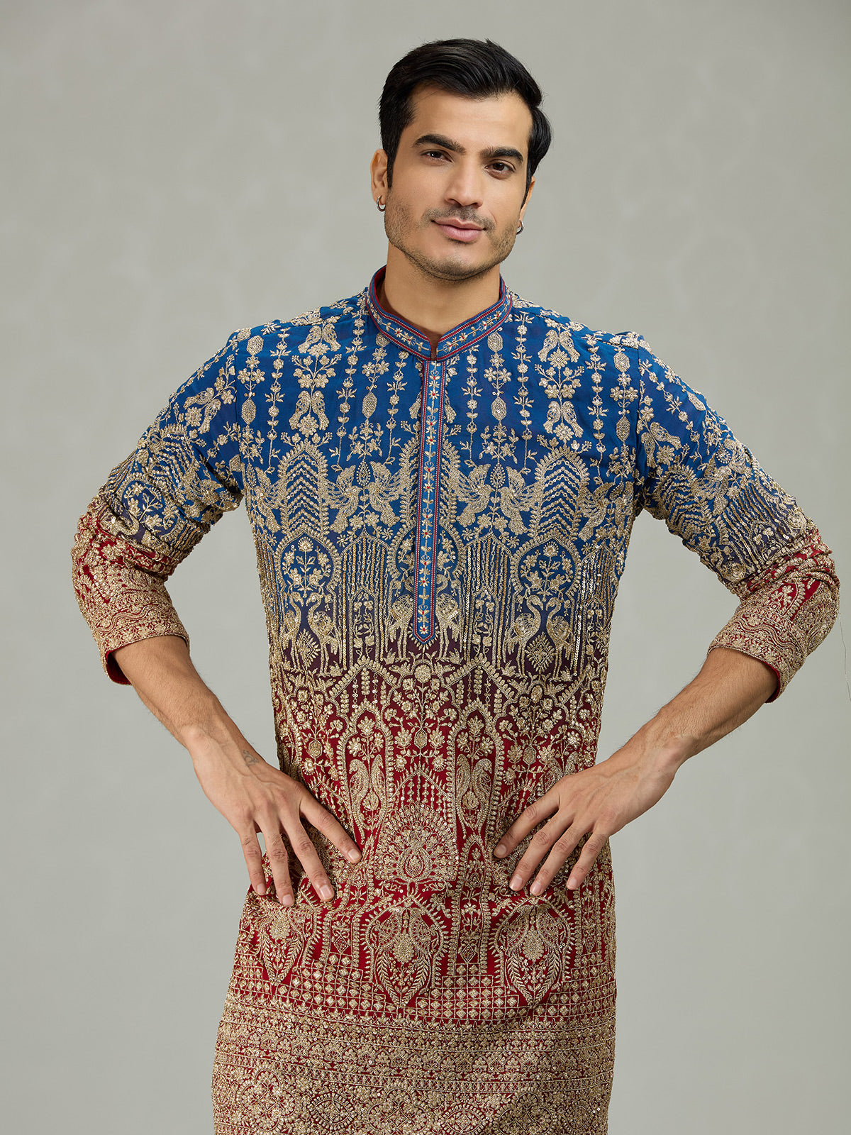 Blue red shaded architectural mens kurta suit