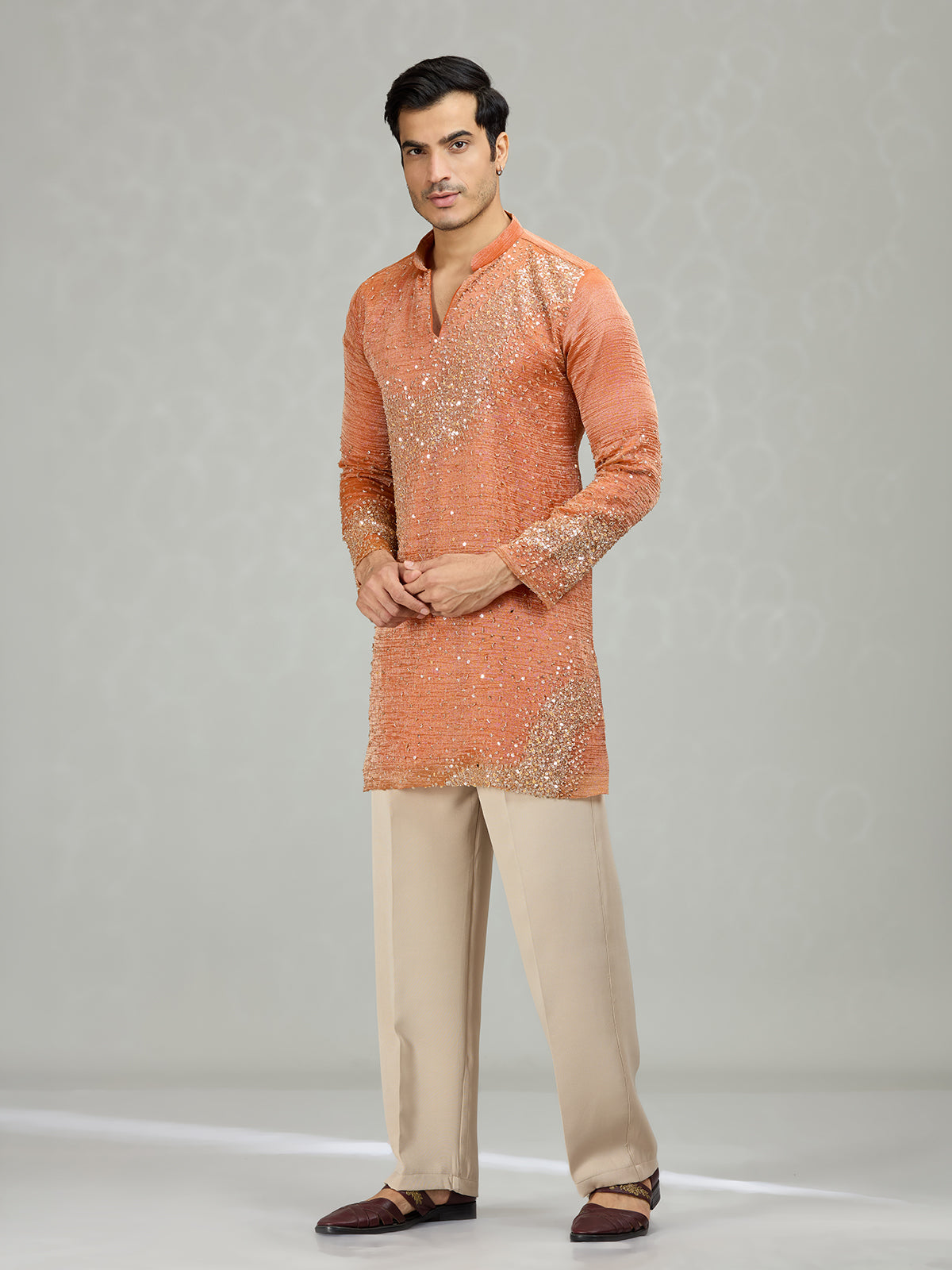 Orange dynamic wave accents men kurta suit