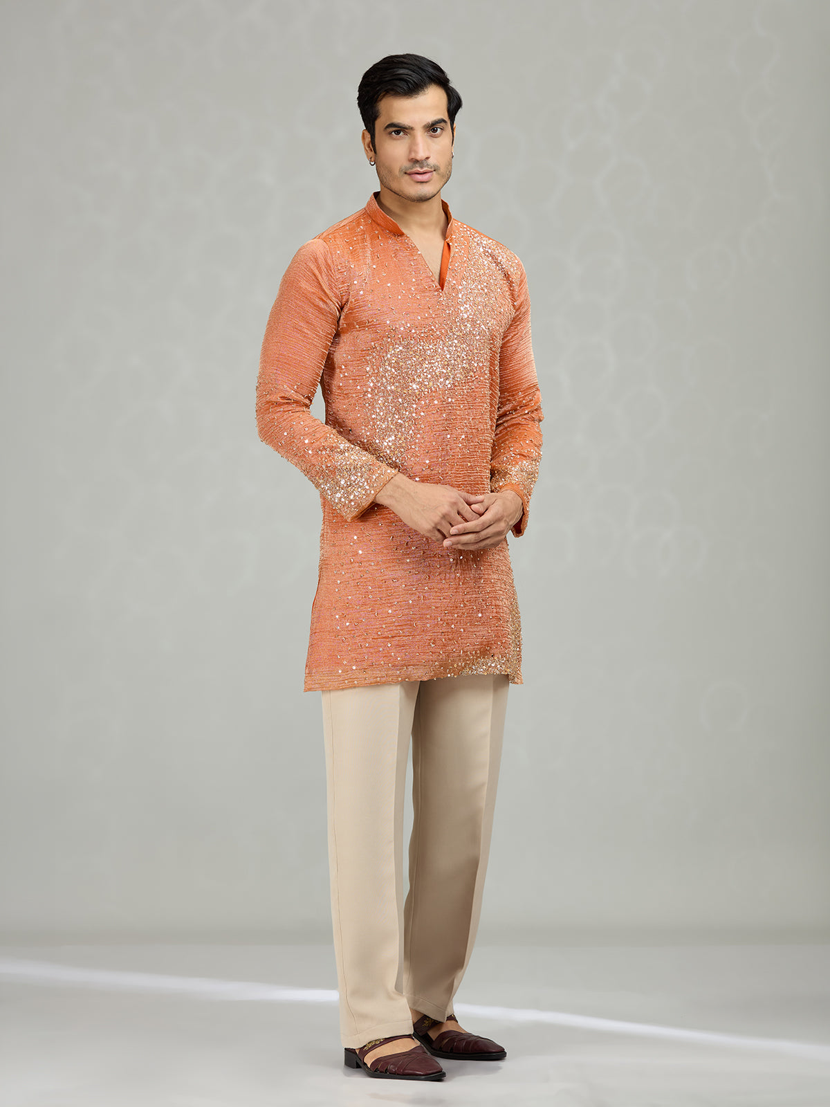 Orange dynamic wave accents men kurta suit