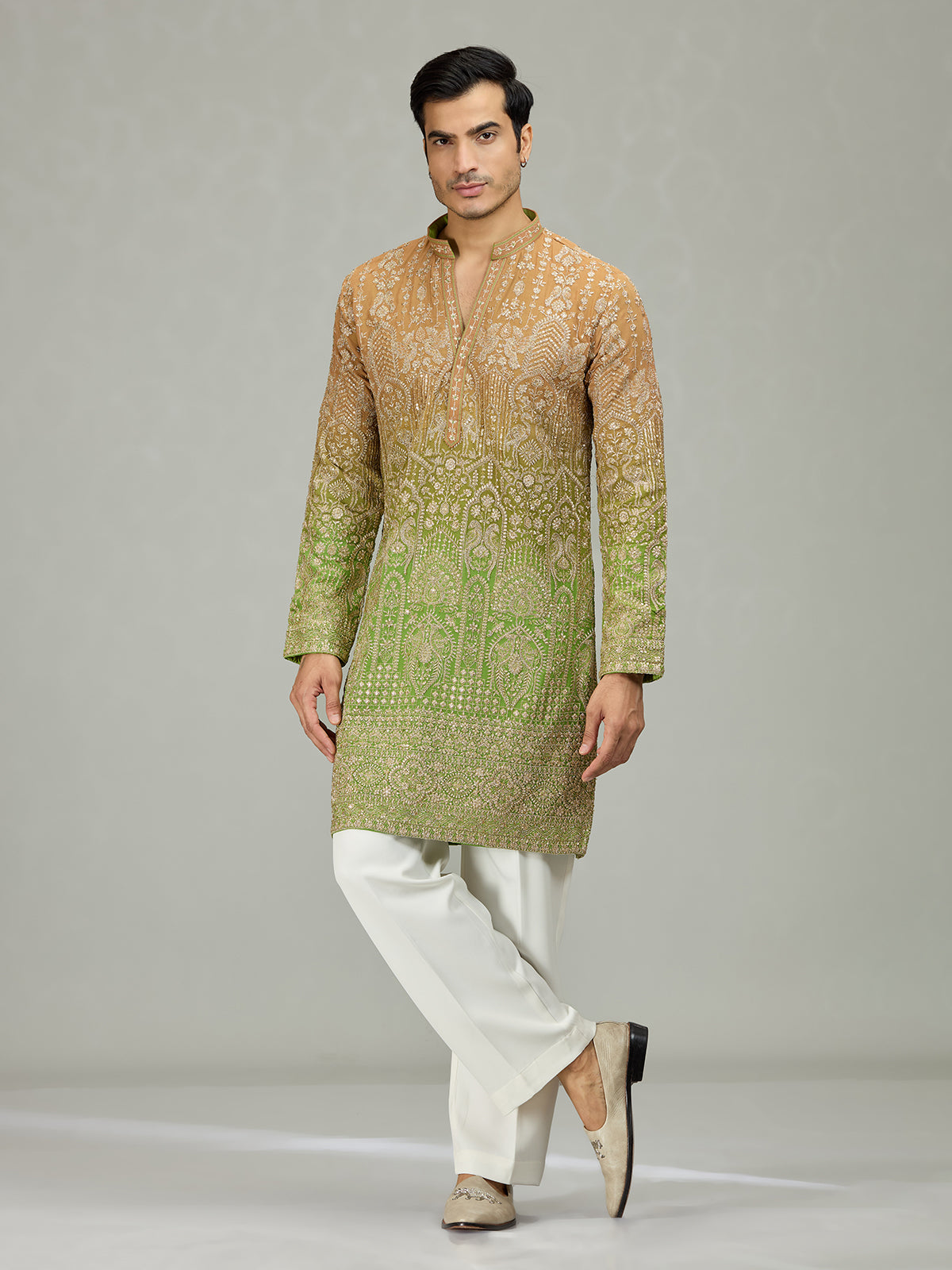 Rust green architectural fusion men kurta suit