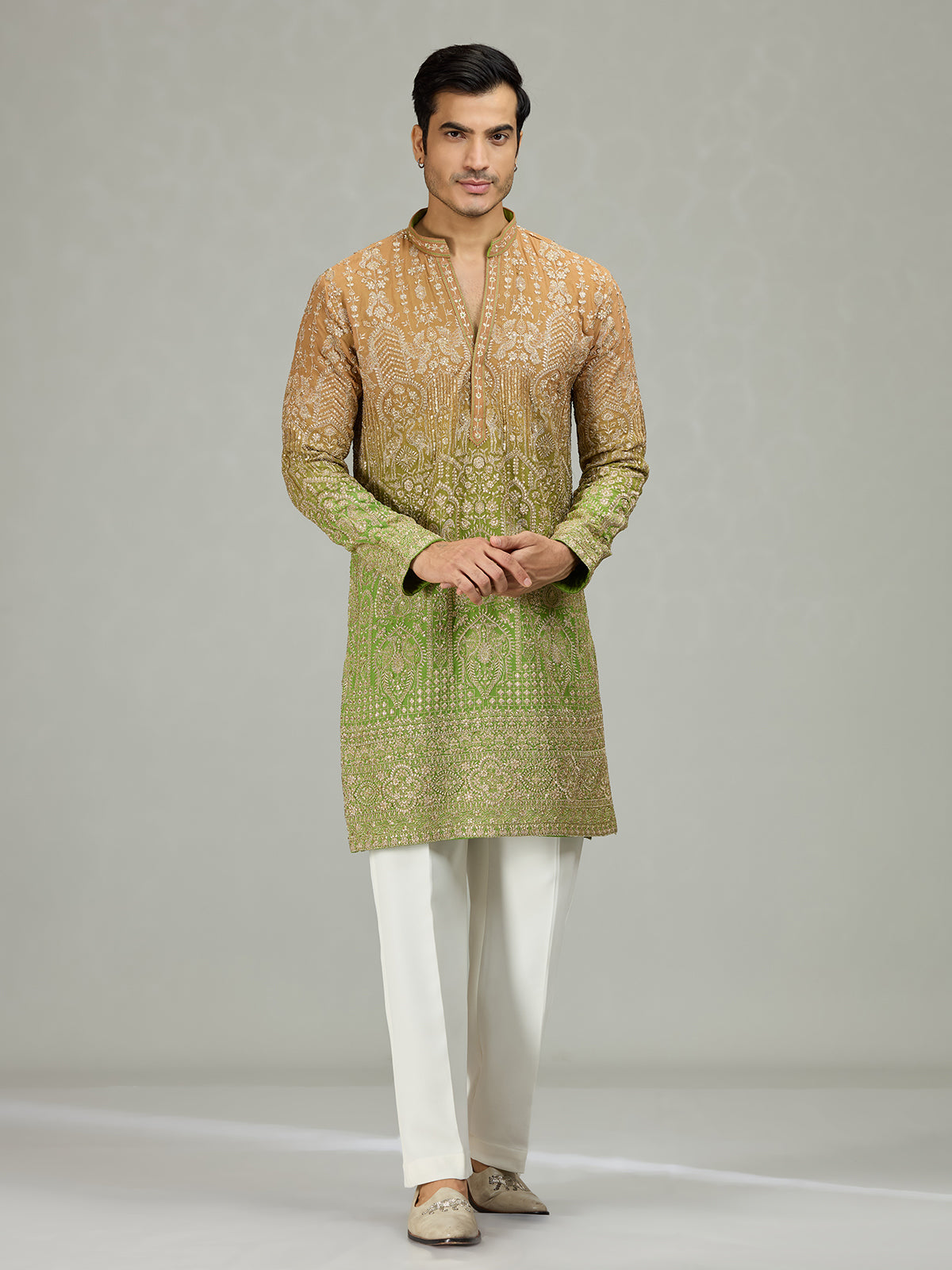 Rust green architectural fusion men kurta suit