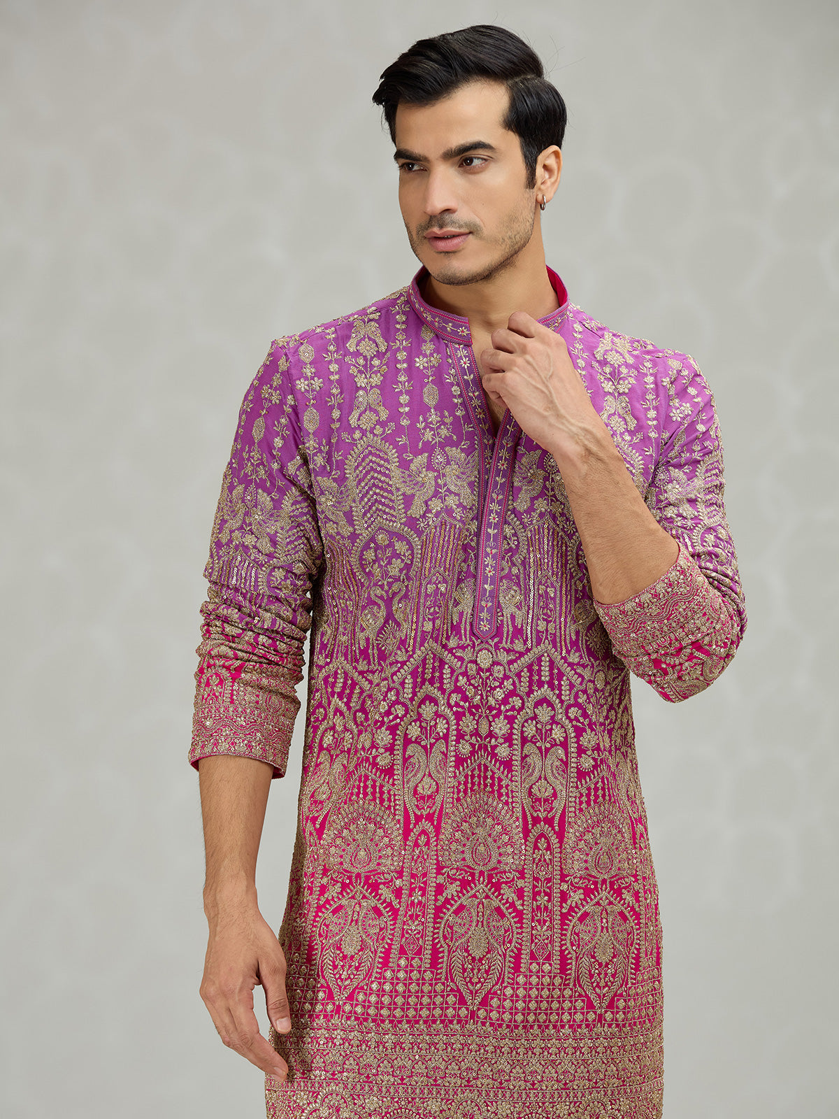 Purple magenta shaded border regal men kurta suit