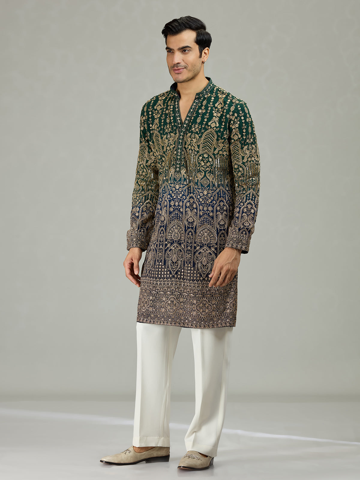 Green blue shaded Mughal heritage men kurta suit