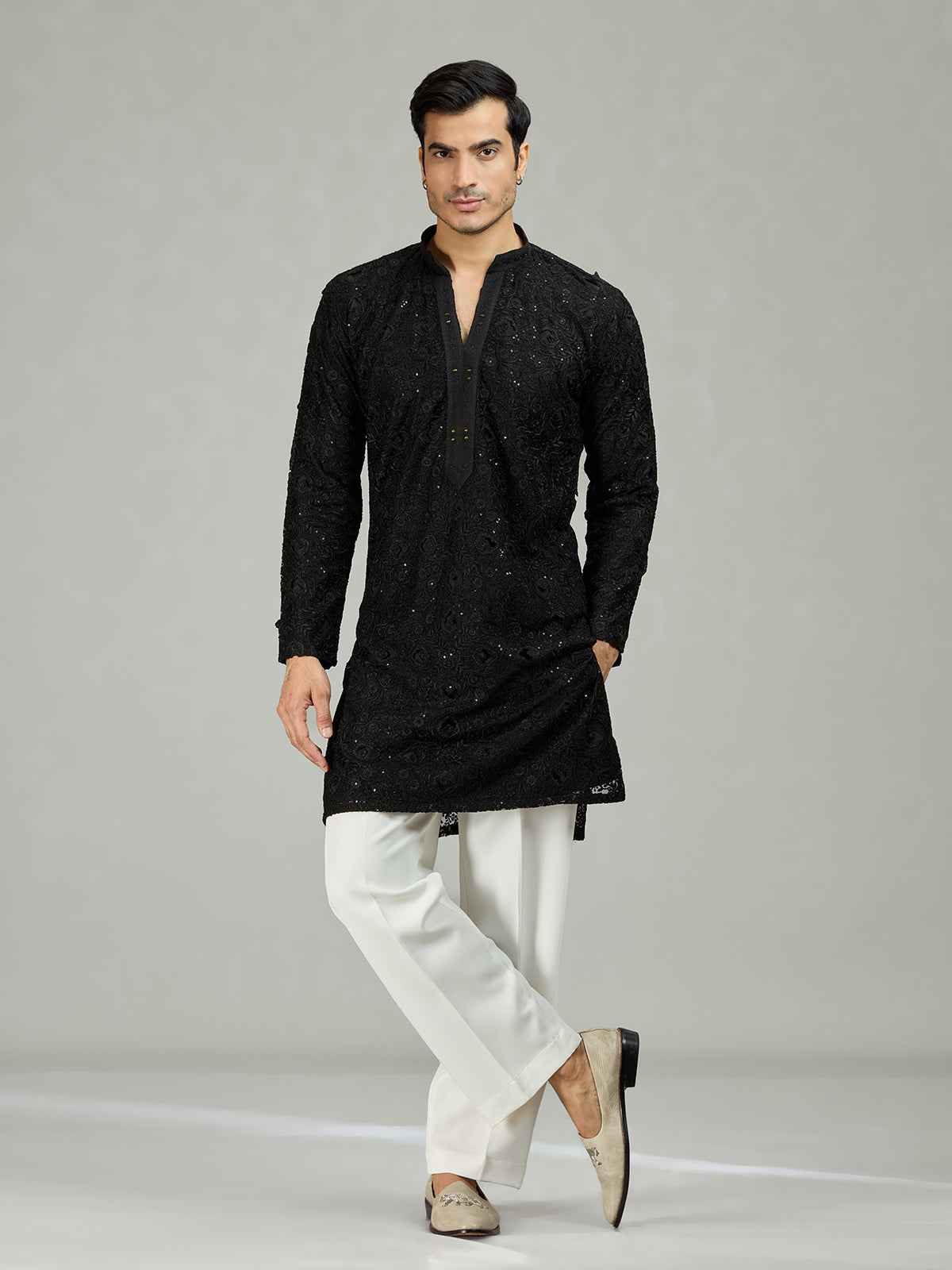 Black chikankari sequin organza luxe men kurta suit