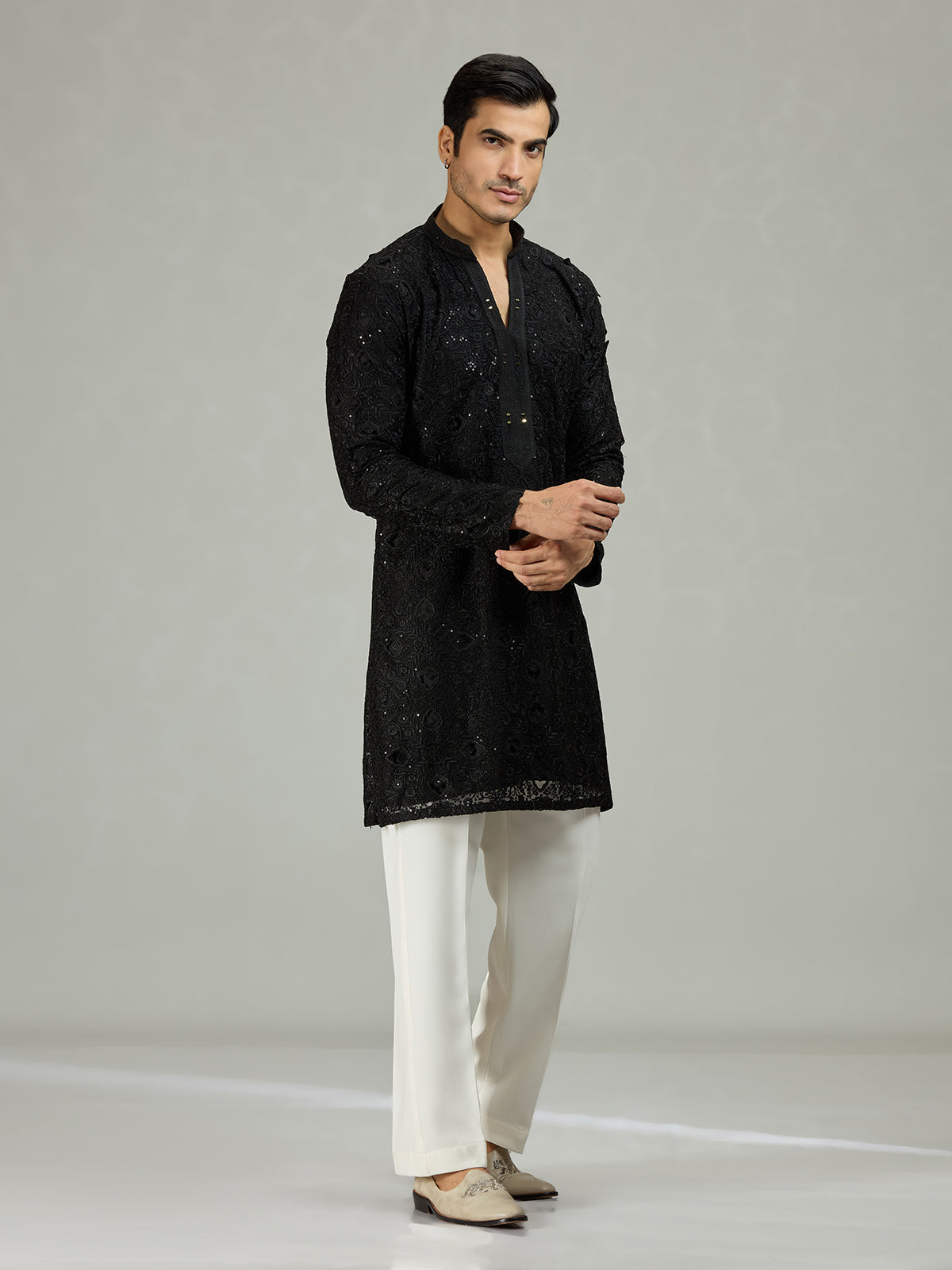 Black chikankari sequin organza luxe men kurta suit