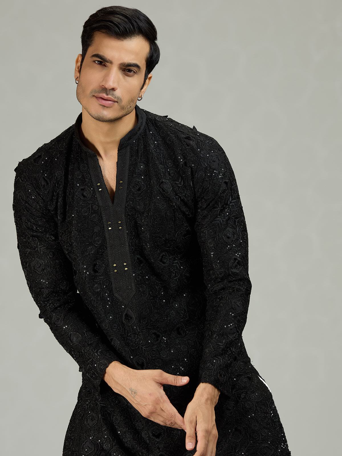 Black chikankari sequin organza luxe men kurta suit