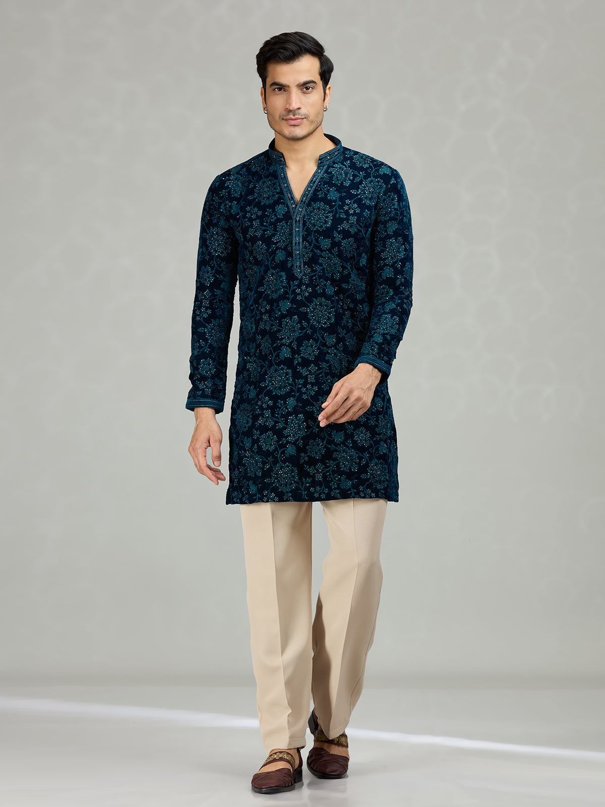 Teal blue floral velvet opulent men kurta suit