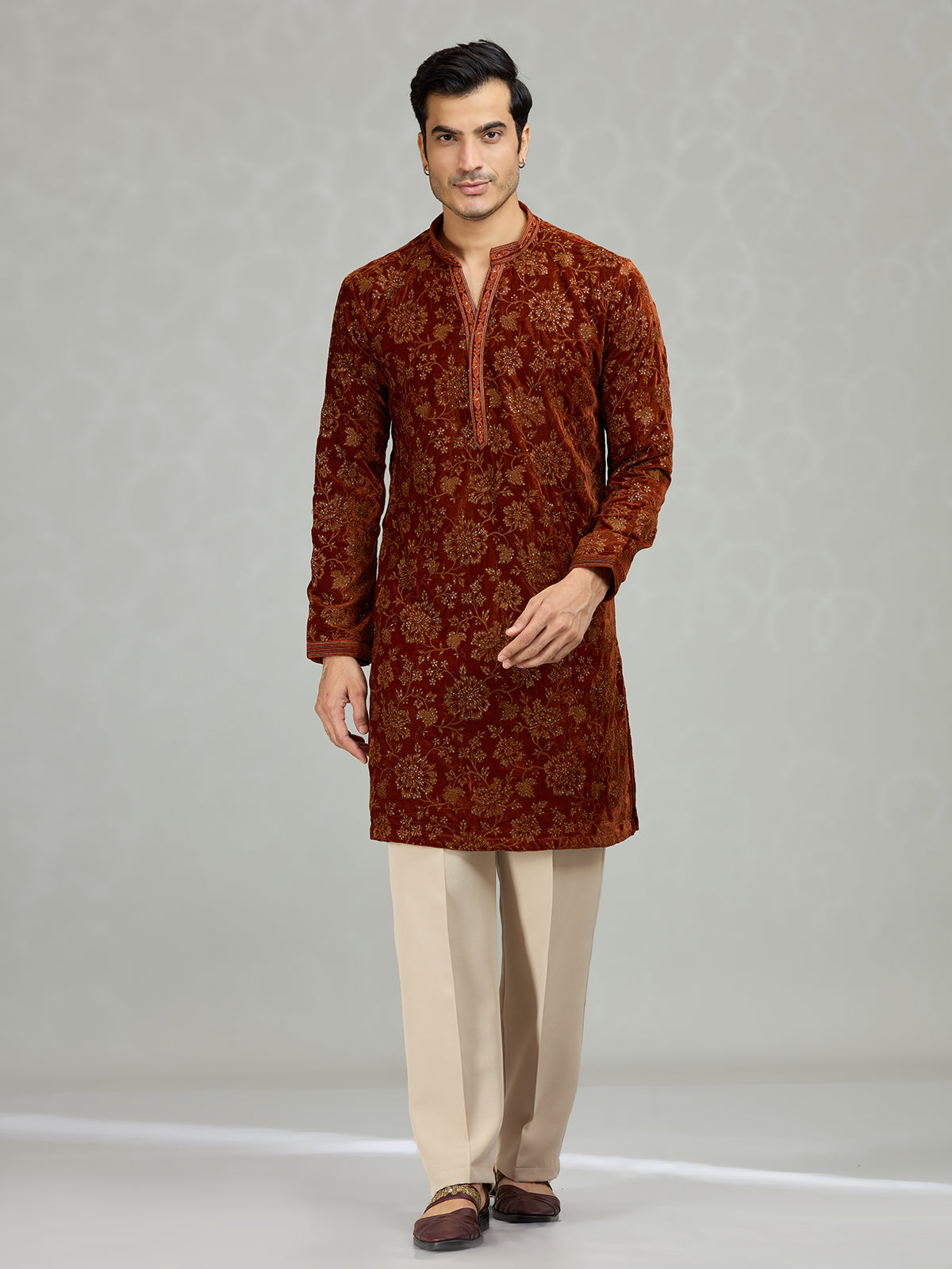 Rust brown floral velvet royal men kurta suit