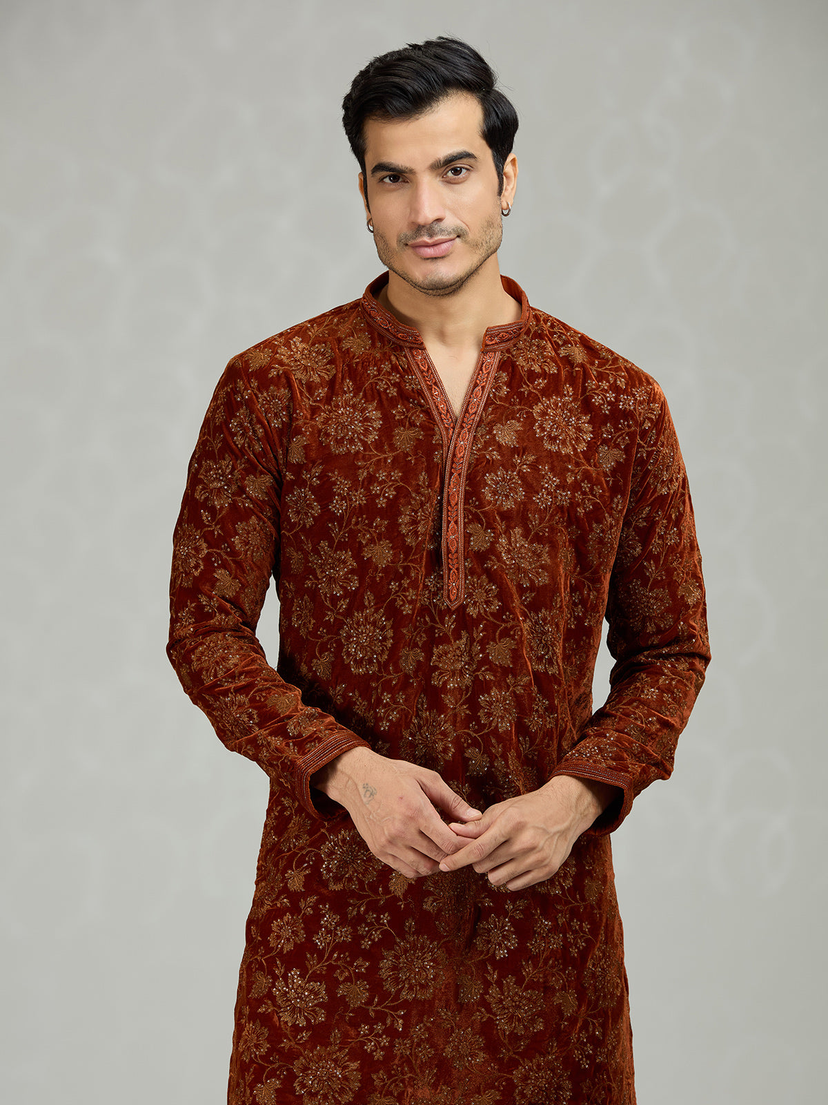 Rust brown floral velvet royal men kurta suit