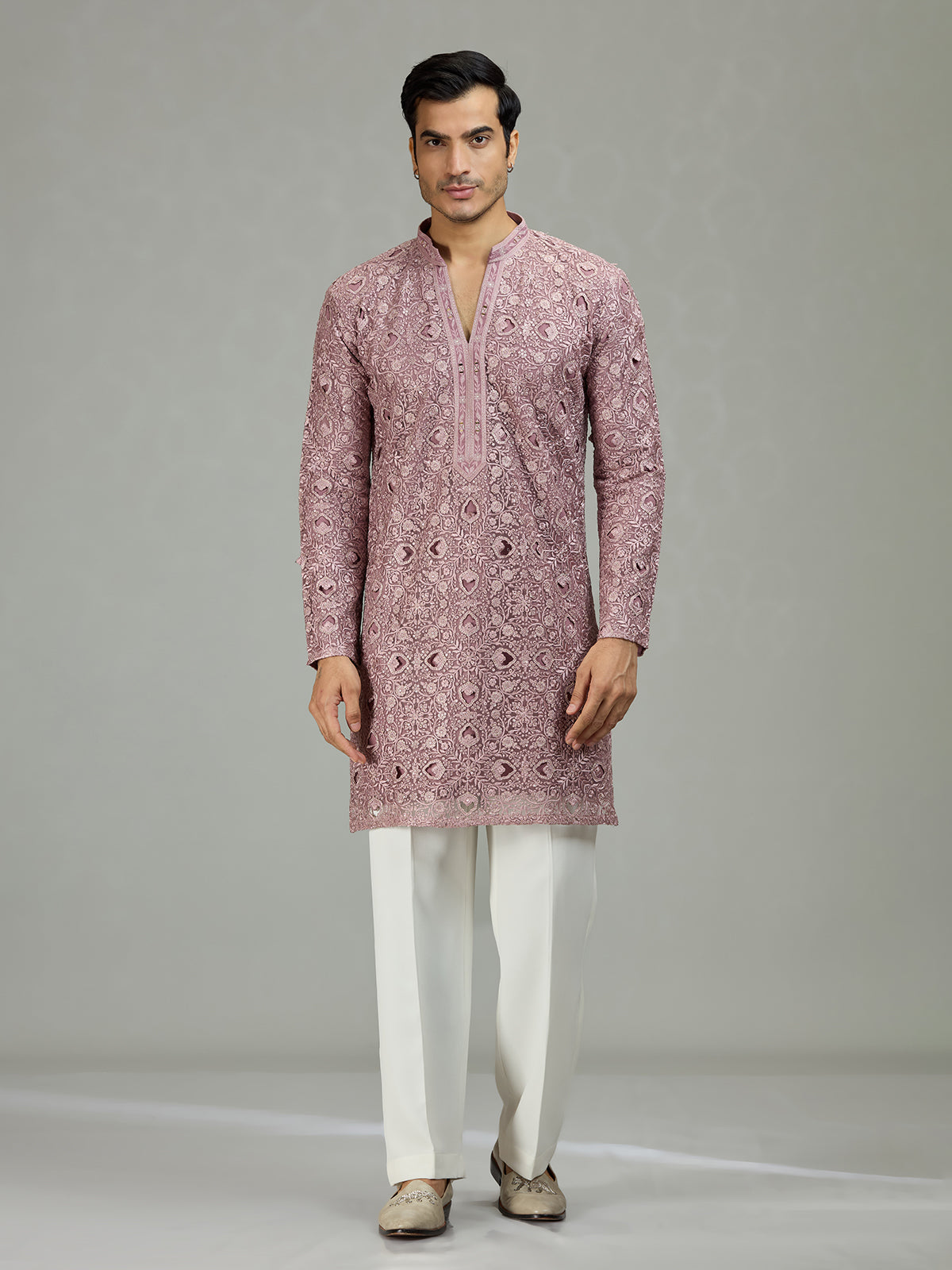 Onion pink diamond cut dapper men kurta suit