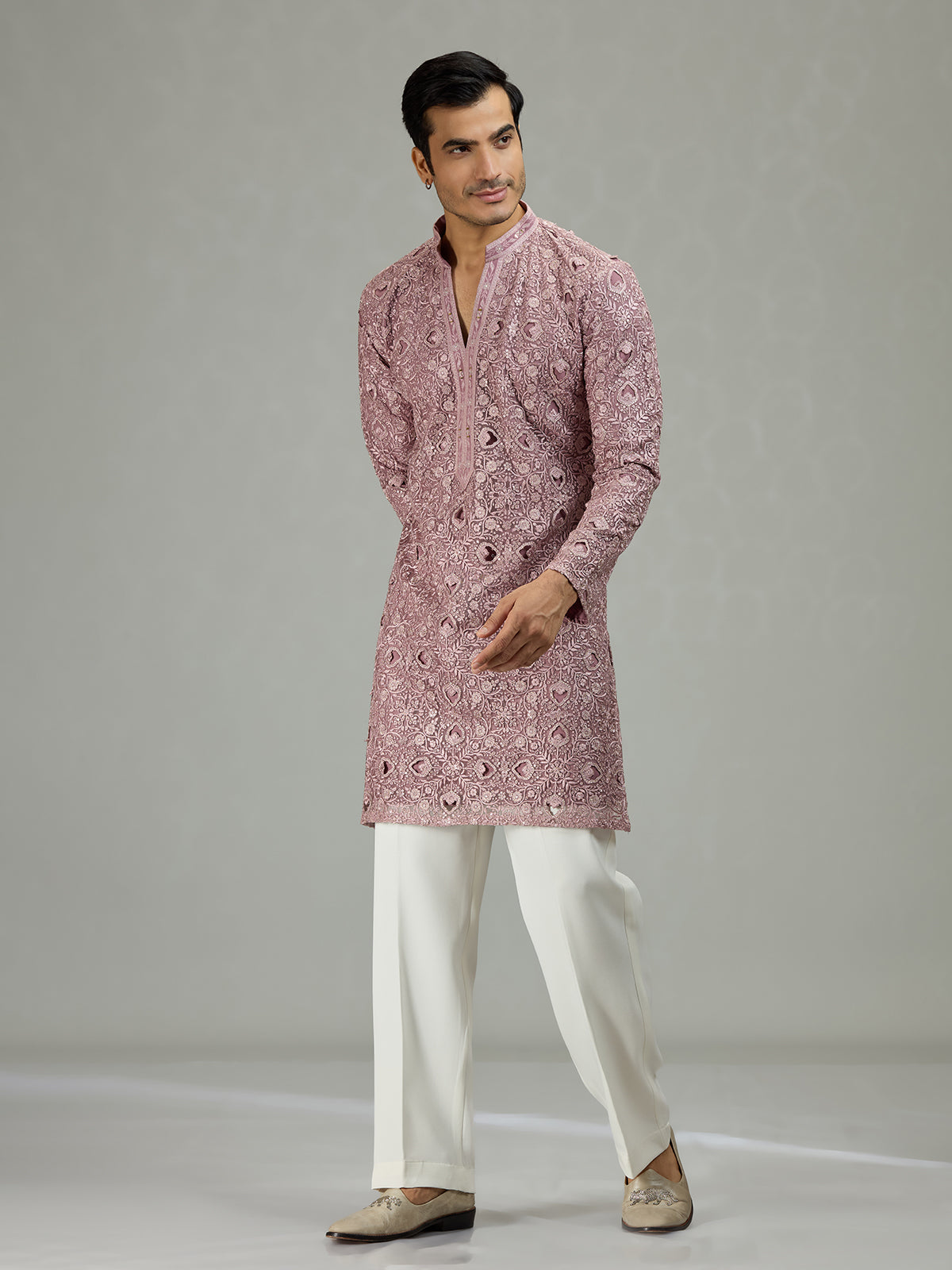 Onion pink diamond cut dapper men kurta suit