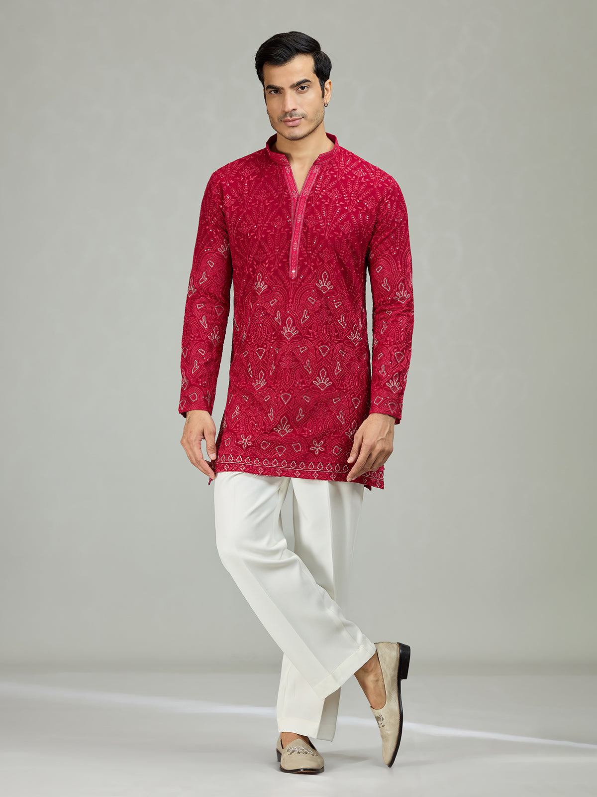 Hot pink Kashmiri paisley exquisite men kurta suit