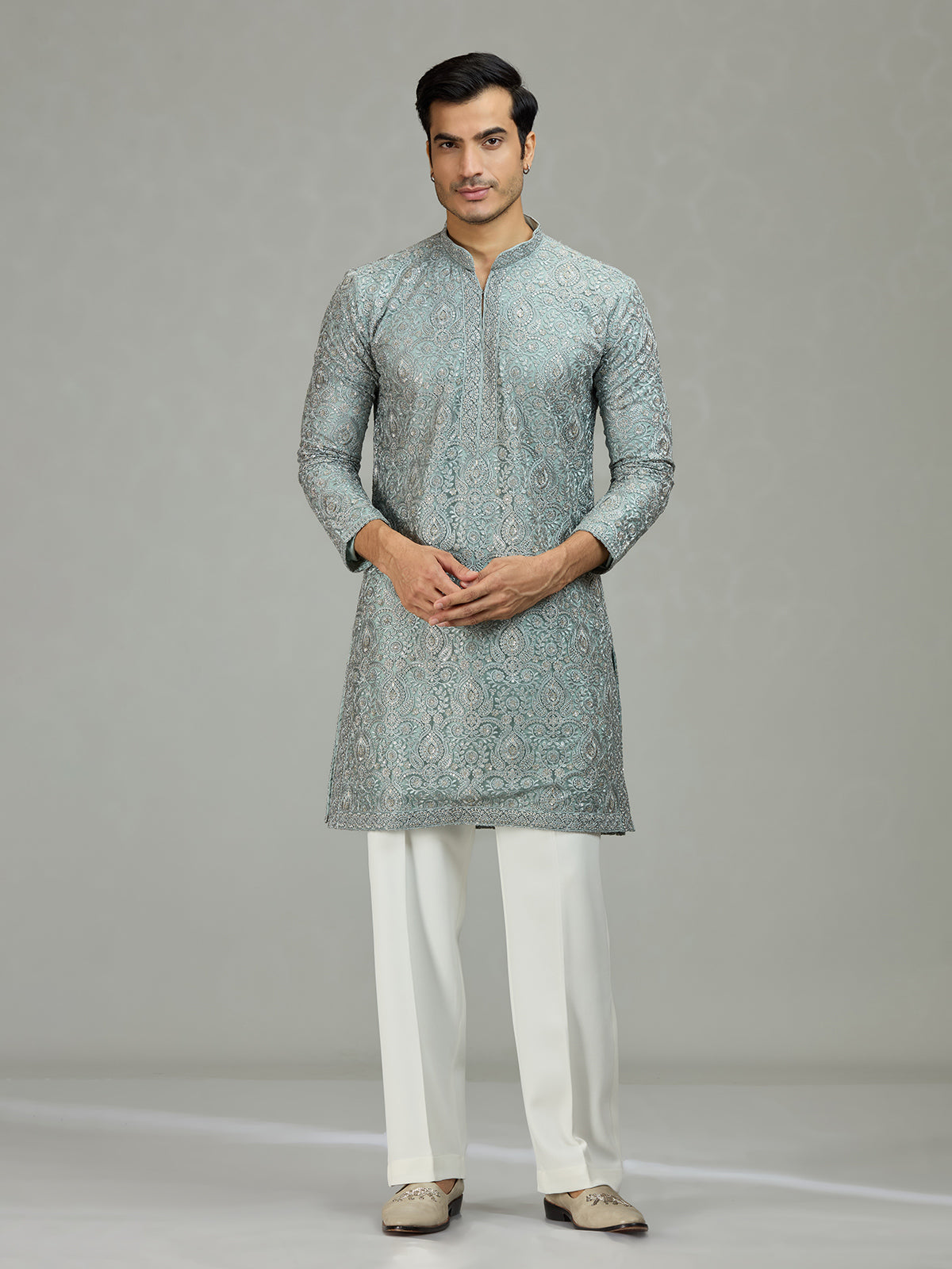 English grey Persian floral graceful men kurta suit
