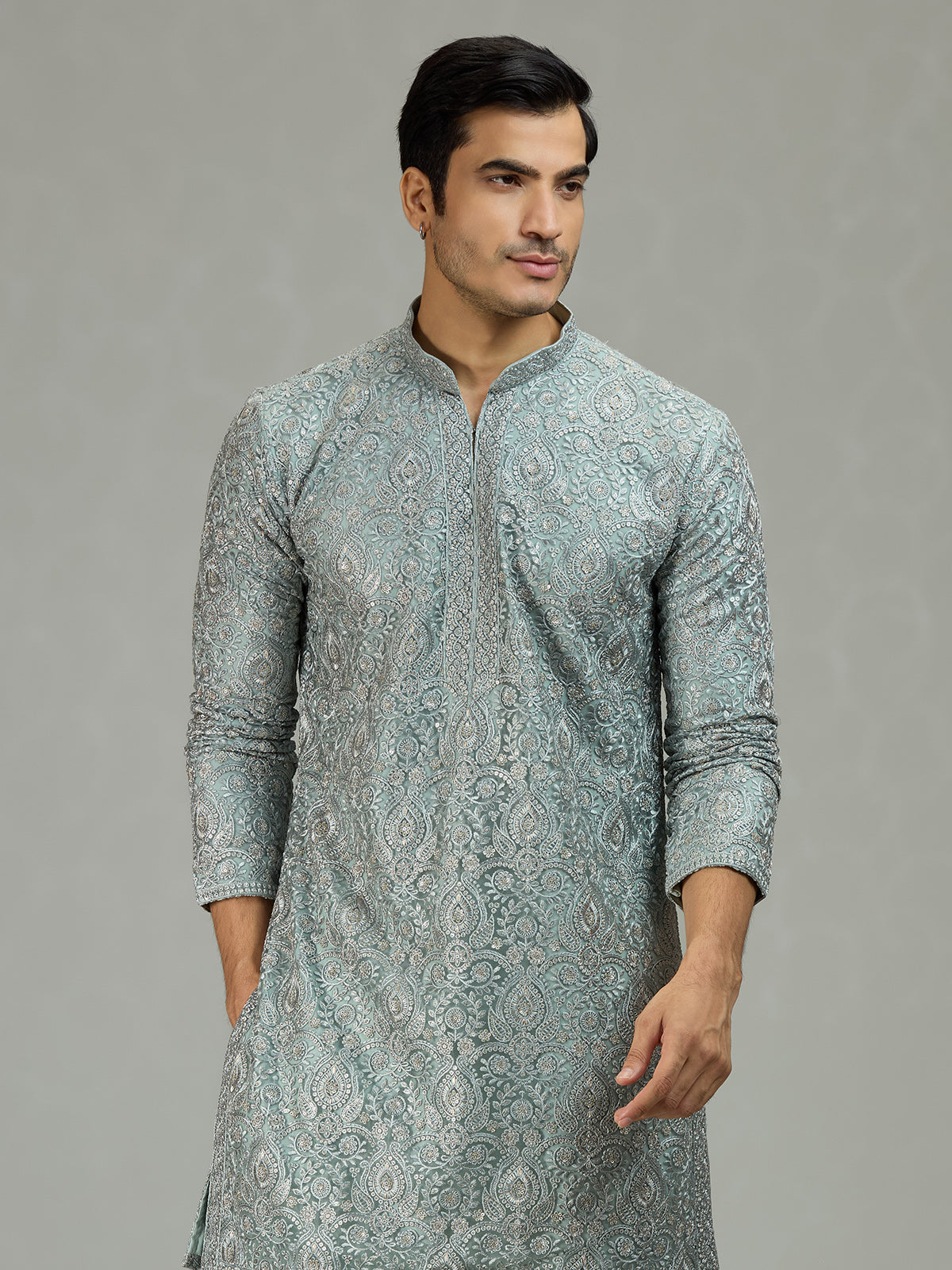 English grey Persian floral graceful men kurta suit