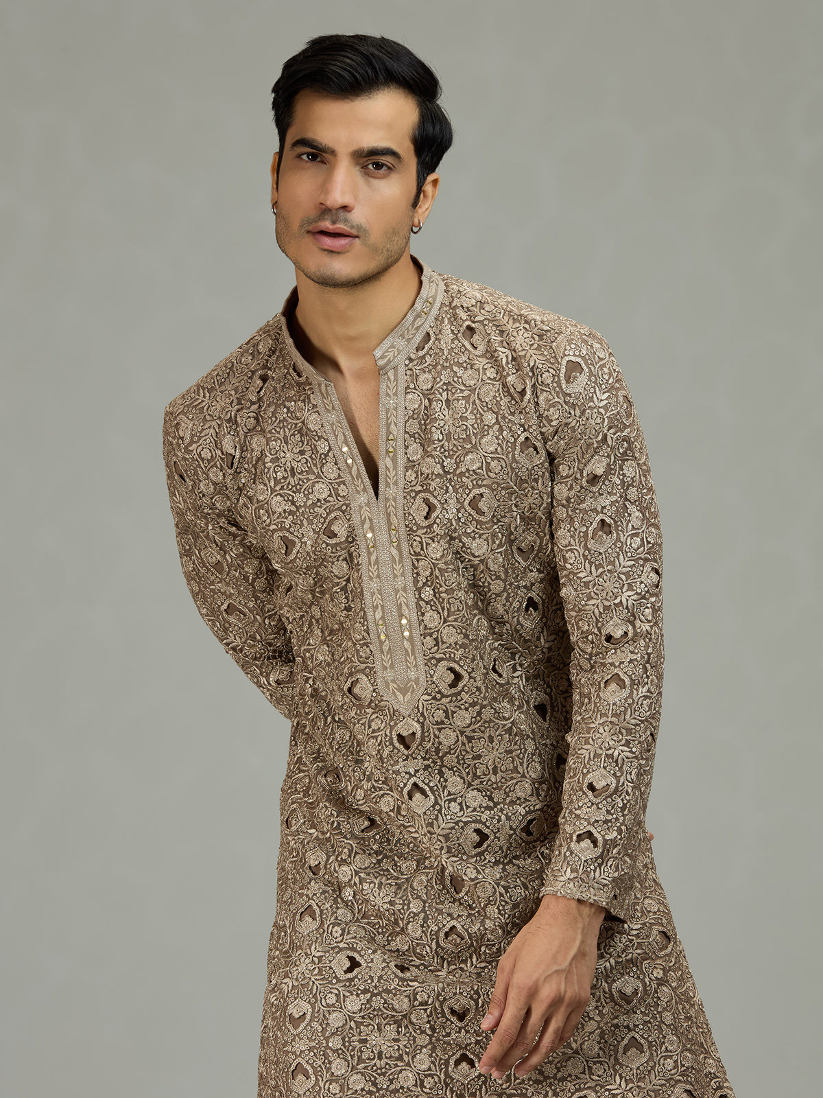 Olive green diamond cut refined men kurta suit