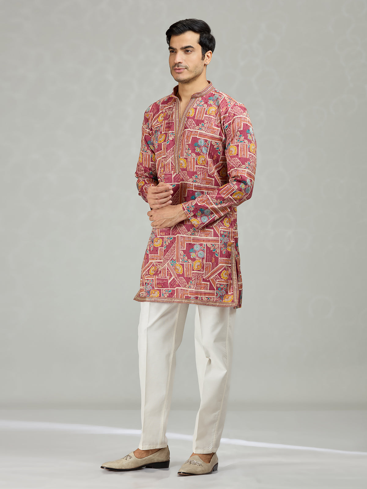 Wine botanical grid printed statement men kurta suit